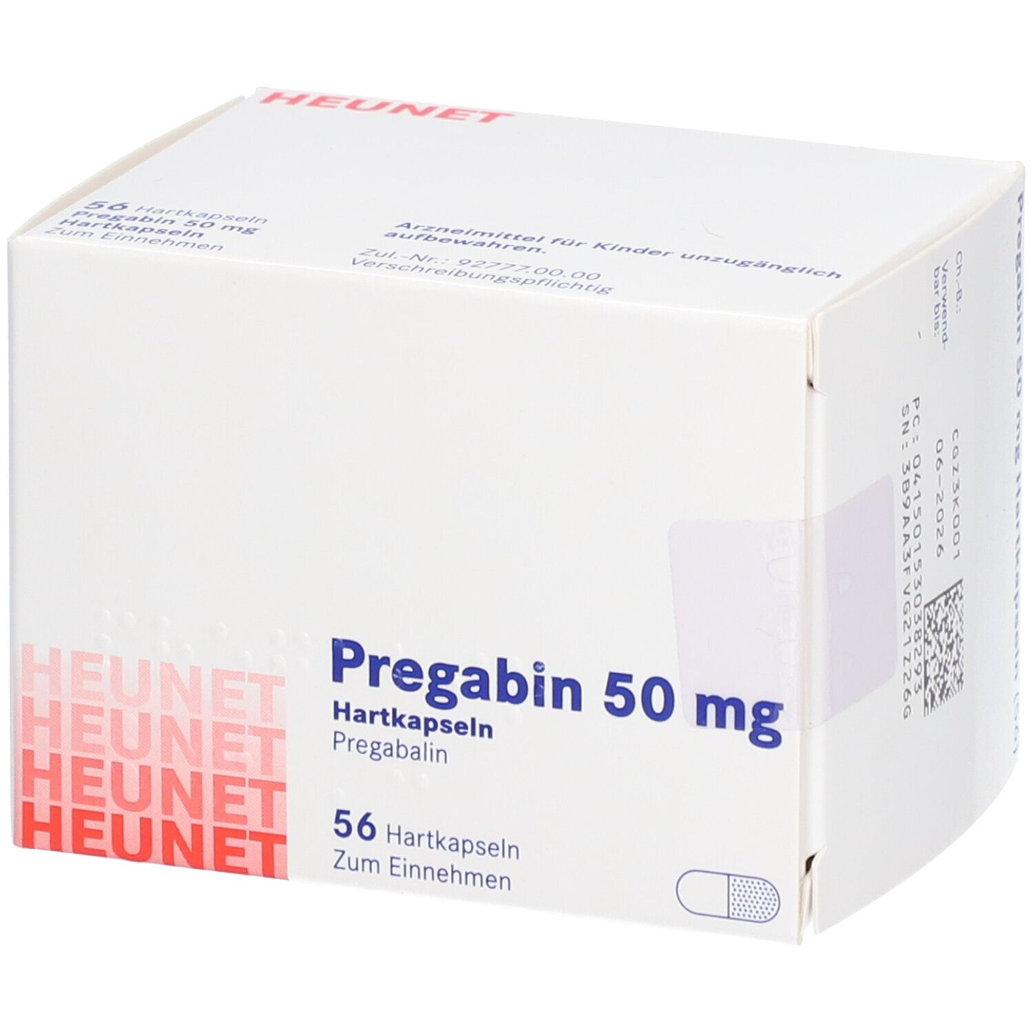 Weiße Faltschachtel mit Aufdruck. Prägabin 50 mg, 56 Hartkapseln. Heunet-Logo. Text in Deutsch.