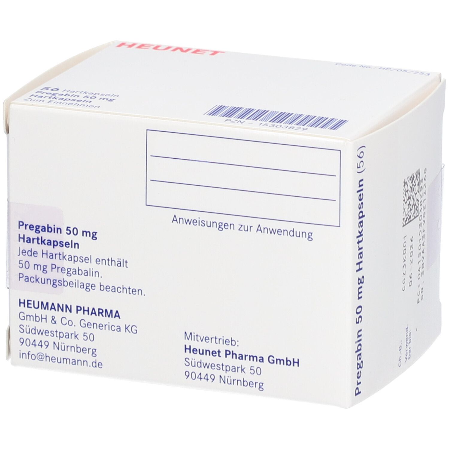 Rückseite einer weißen Faltschachtel. Text: Prägabin 50 mg Hartkapseln. Hersteller- und Vertriebsinformationen. Text in Deutsch.