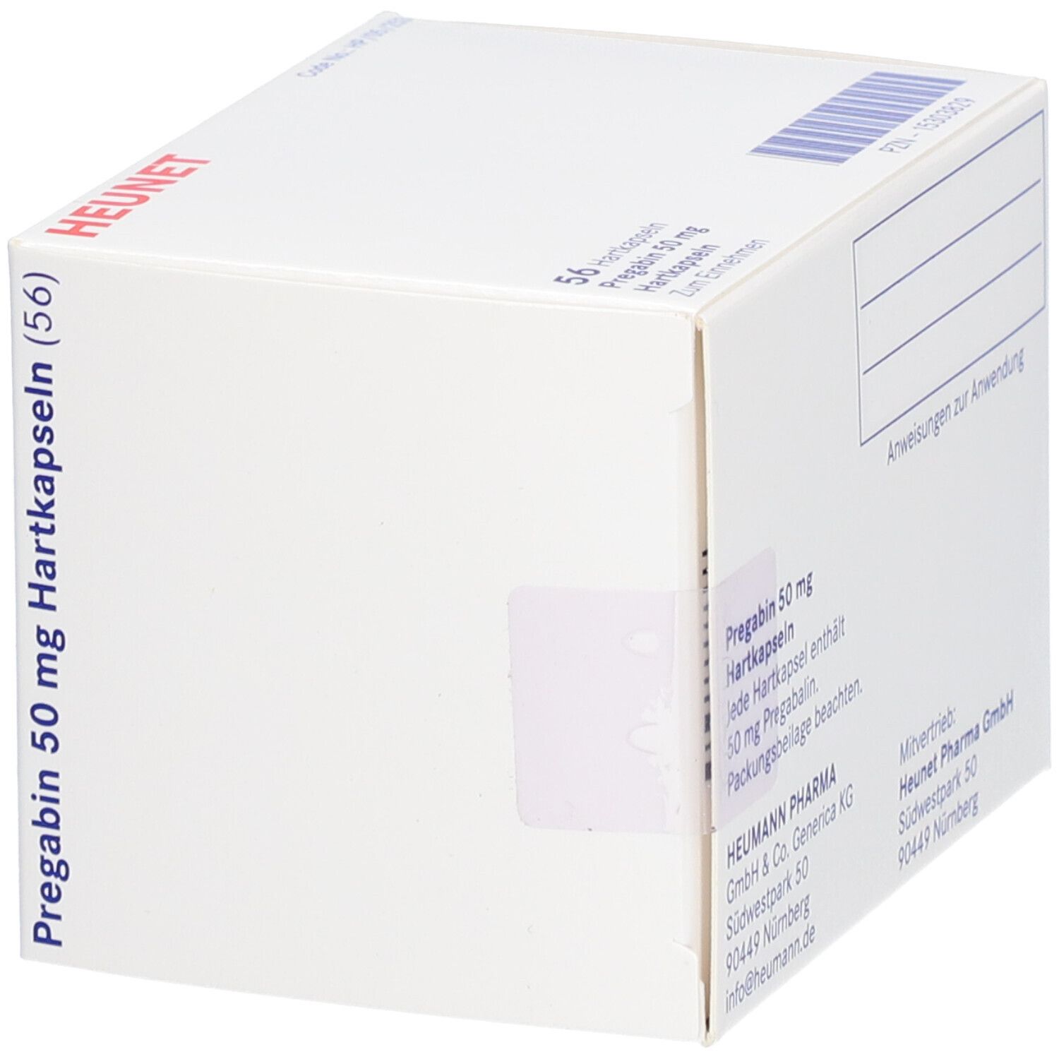 Weiße Faltschachtel mit Aufdruck. Prägabin 50 mg Hartkapseln (56). Heunet-Logo. Text in Deutsch.
