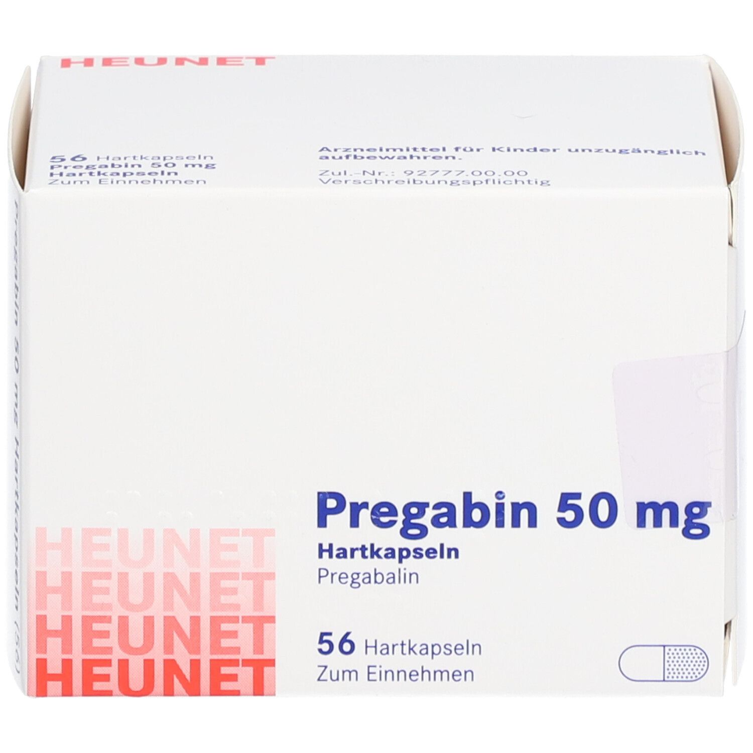 Weiße Faltschachtel mit Aufdruck. Prägabin 50 mg, 56 Hartkapseln. Heunet-Logo. Text in Deutsch.