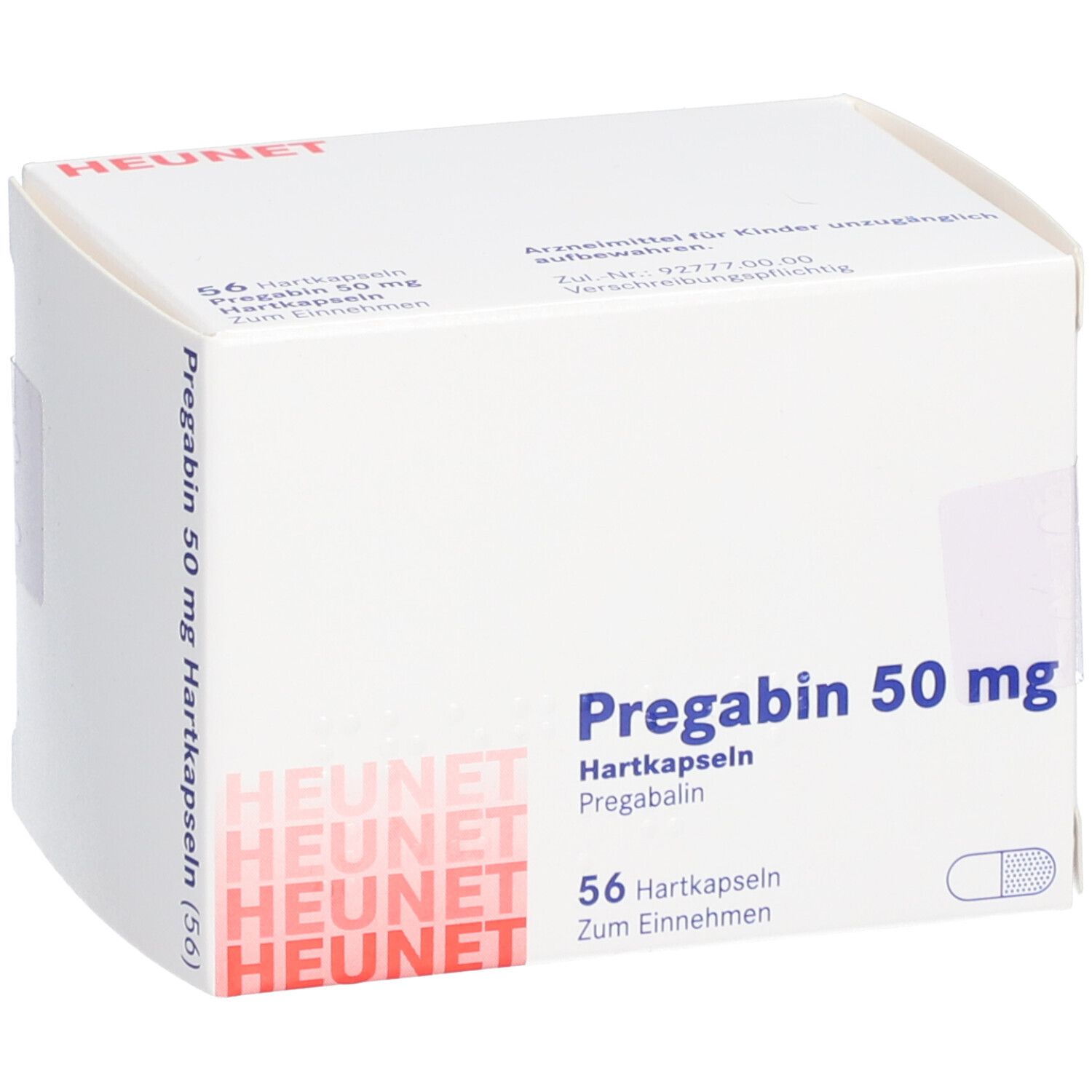 Weiße Faltschachtel mit Aufdruck. Prägabin 50 mg, 56 Hartkapseln. Heunet-Logo. Text in Deutsch.