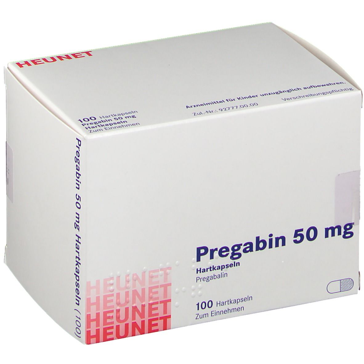 Weiße Faltschachtel mit Aufdruck. Beschriftung: Pregabin 50 mg, 100 Hartkapseln. Marke: Heunet.