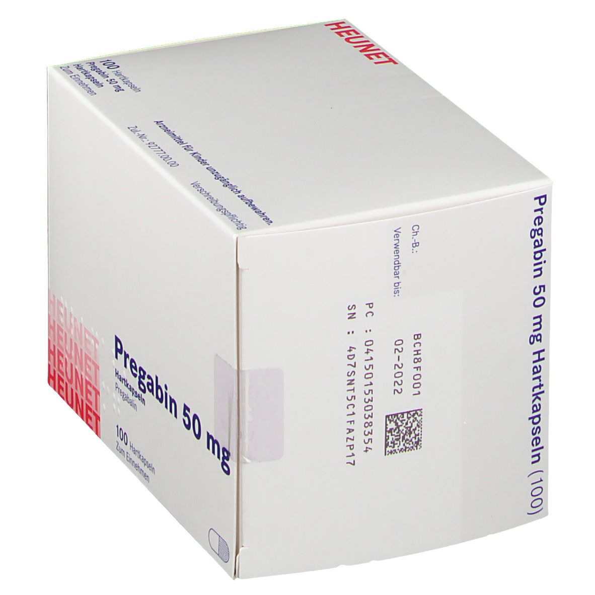 Weiße Faltschachtel mit Aufdruck. Beschriftung: Pregabin 50 mg, 100 Hartkapseln. Marke: Heunet. Mit Barcode.