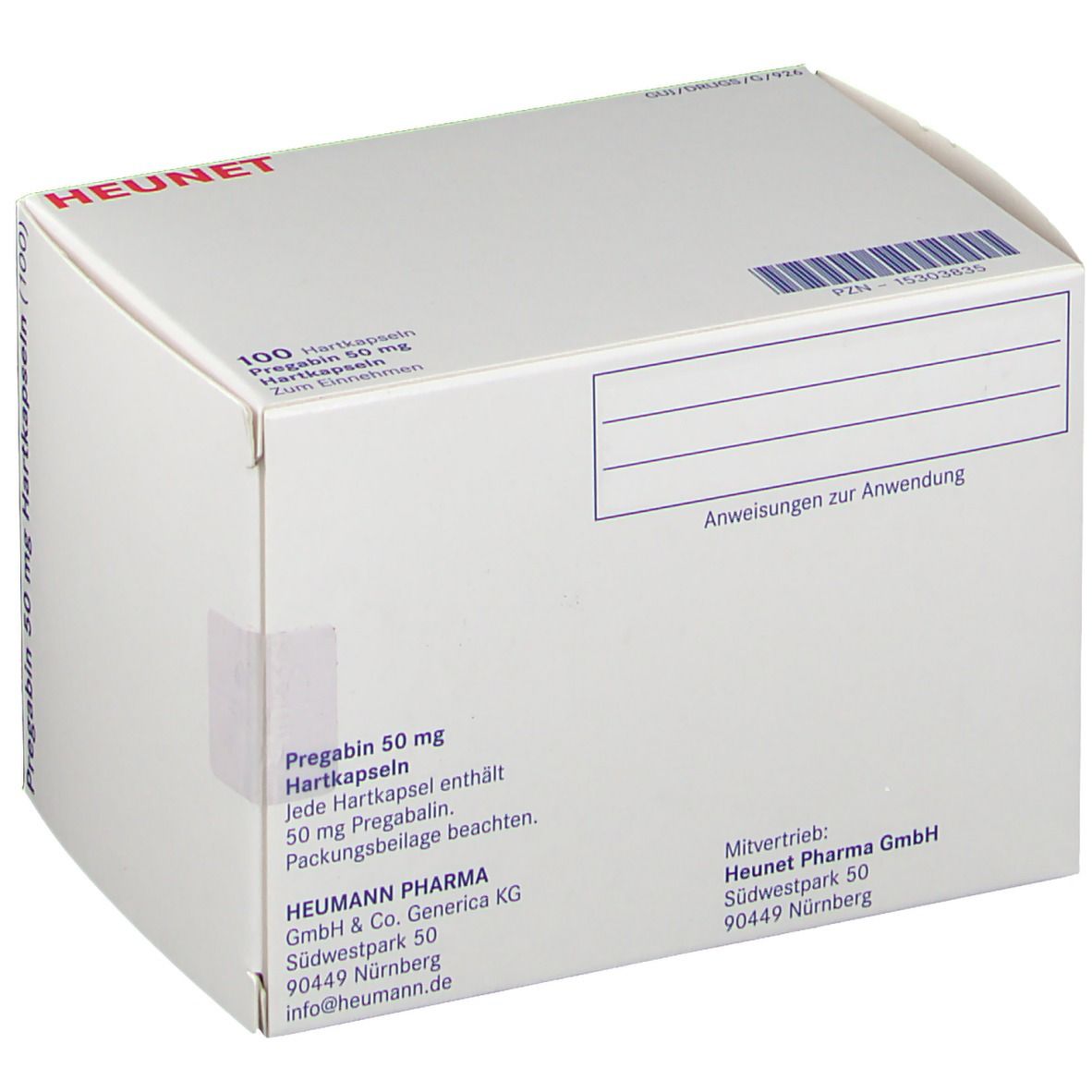 Weiße Faltschachtel mit Aufdruck. Beschriftung: Pregabin 50 mg, 100 Hartkapseln. Marke: Heunet. Mit Textfeld.