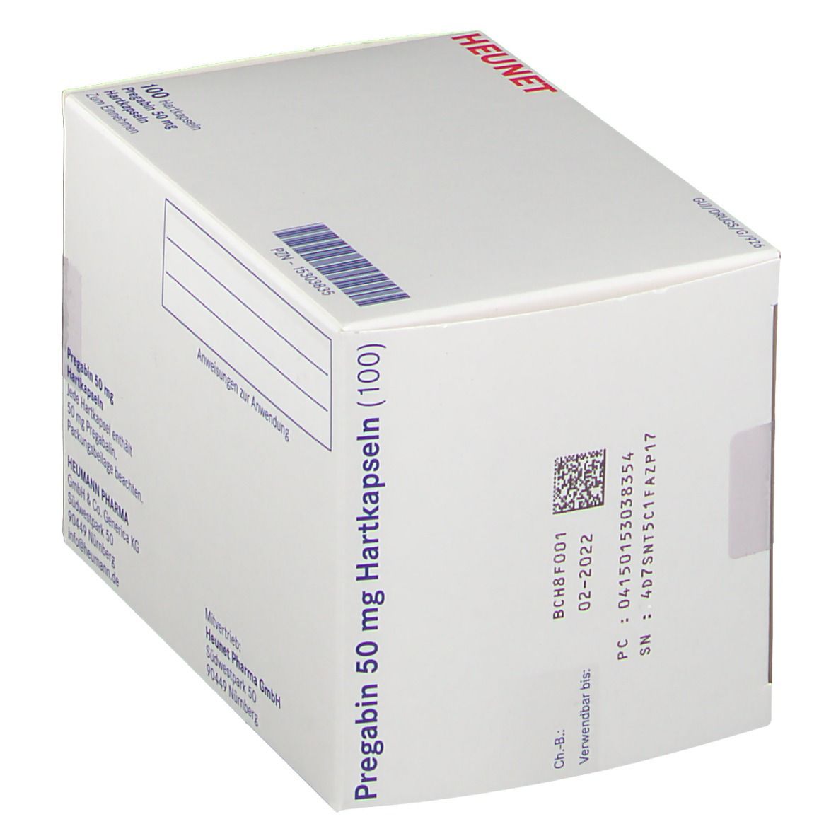 Weiße Faltschachtel mit Aufdruck. Beschriftung: Pregabin 50 mg, 100 Hartkapseln. Marke: Heunet. Mit Barcode.