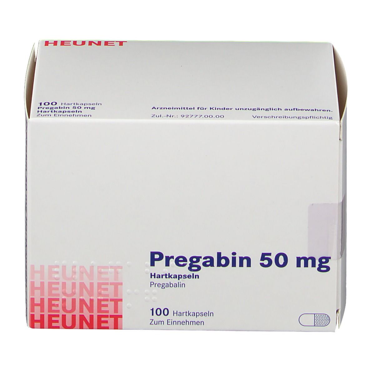 Weiße Faltschachtel mit Aufdruck. Beschriftung: Pregabin 50 mg, 100 Hartkapseln. Marke: Heunet.