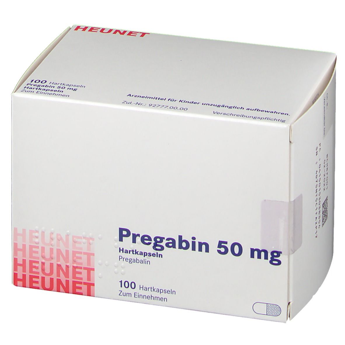 Weiße Faltschachtel mit Aufdruck. Beschriftung: Pregabin 50 mg, 100 Hartkapseln. Marke: Heunet.