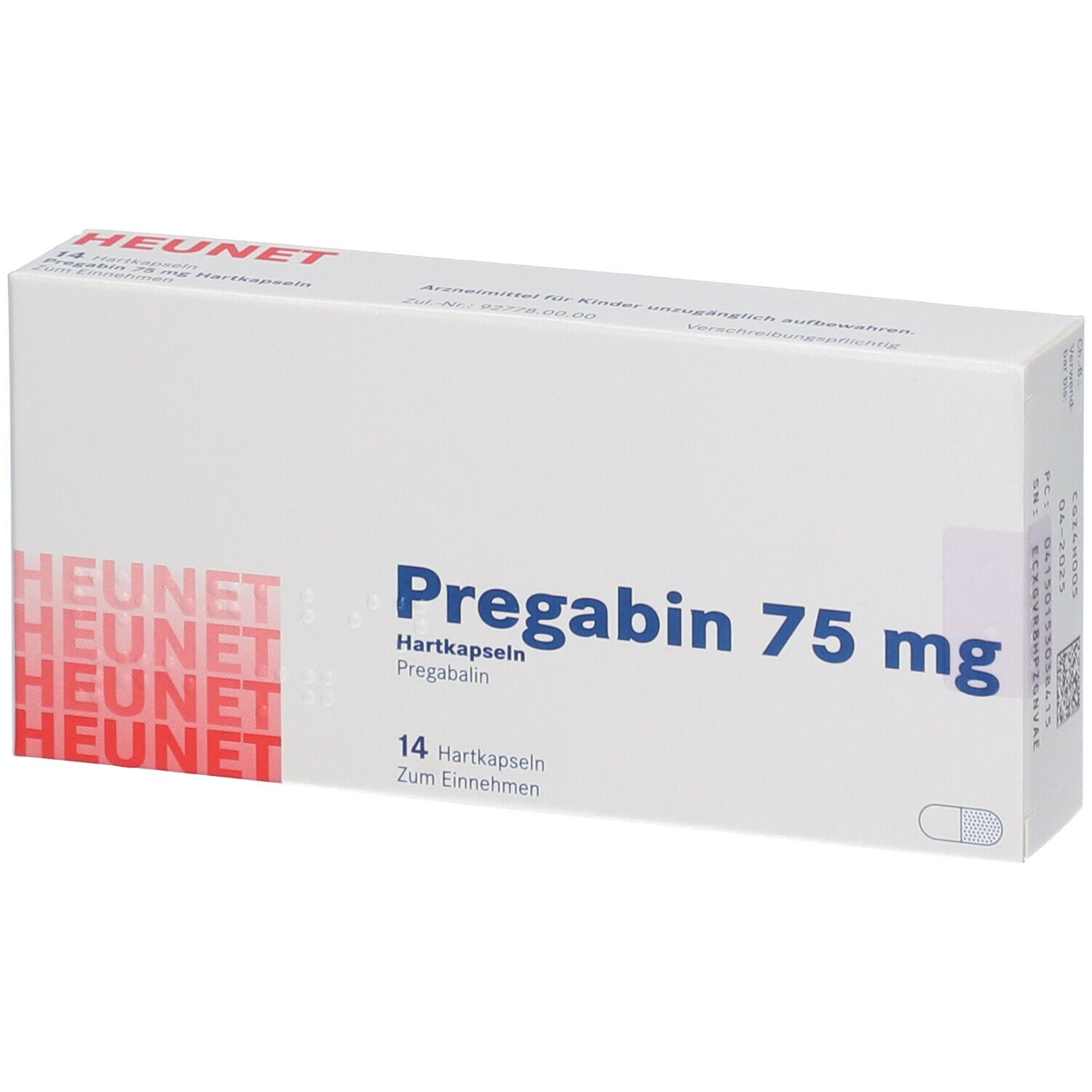 Weiße Faltschachtel mit Aufschrift Pregabin 75 mg, 14 Hartkapseln. Marke Heunet. Blaue und rote Schrift.