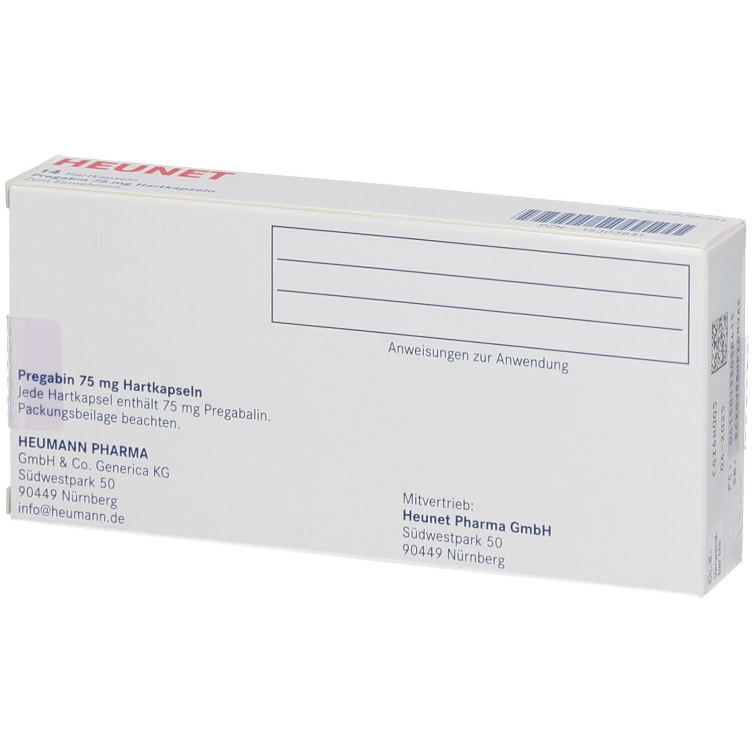 Rückseite der weißen Faltschachtel mit Text. Marke Heunet Pharma GmbH. Informationen zu Inhalt und Anwendung.