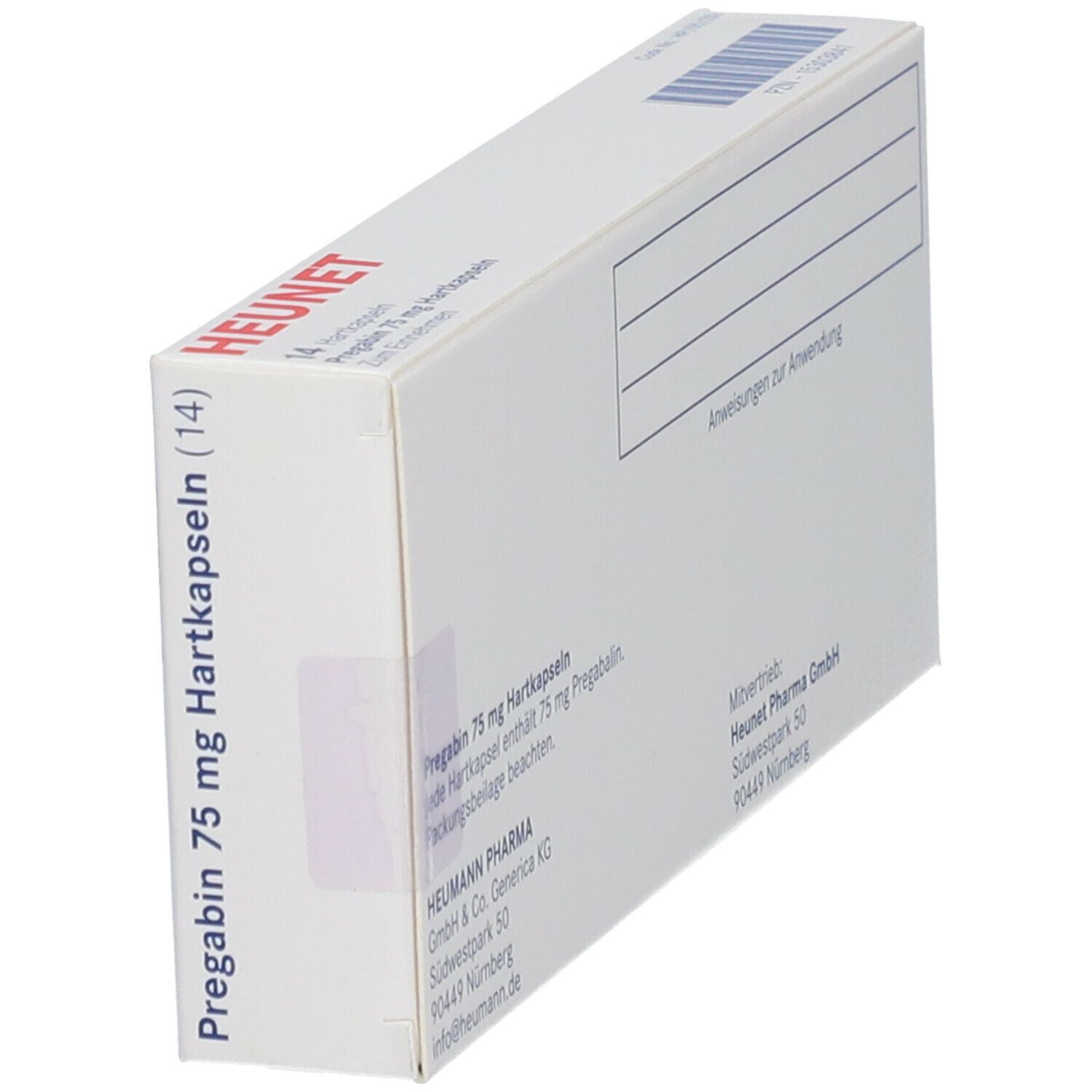 Schräg stehende weiße Faltschachtel mit Text. Marke Heunet Pharma GmbH. Informationen zu Inhalt und Anwendung.