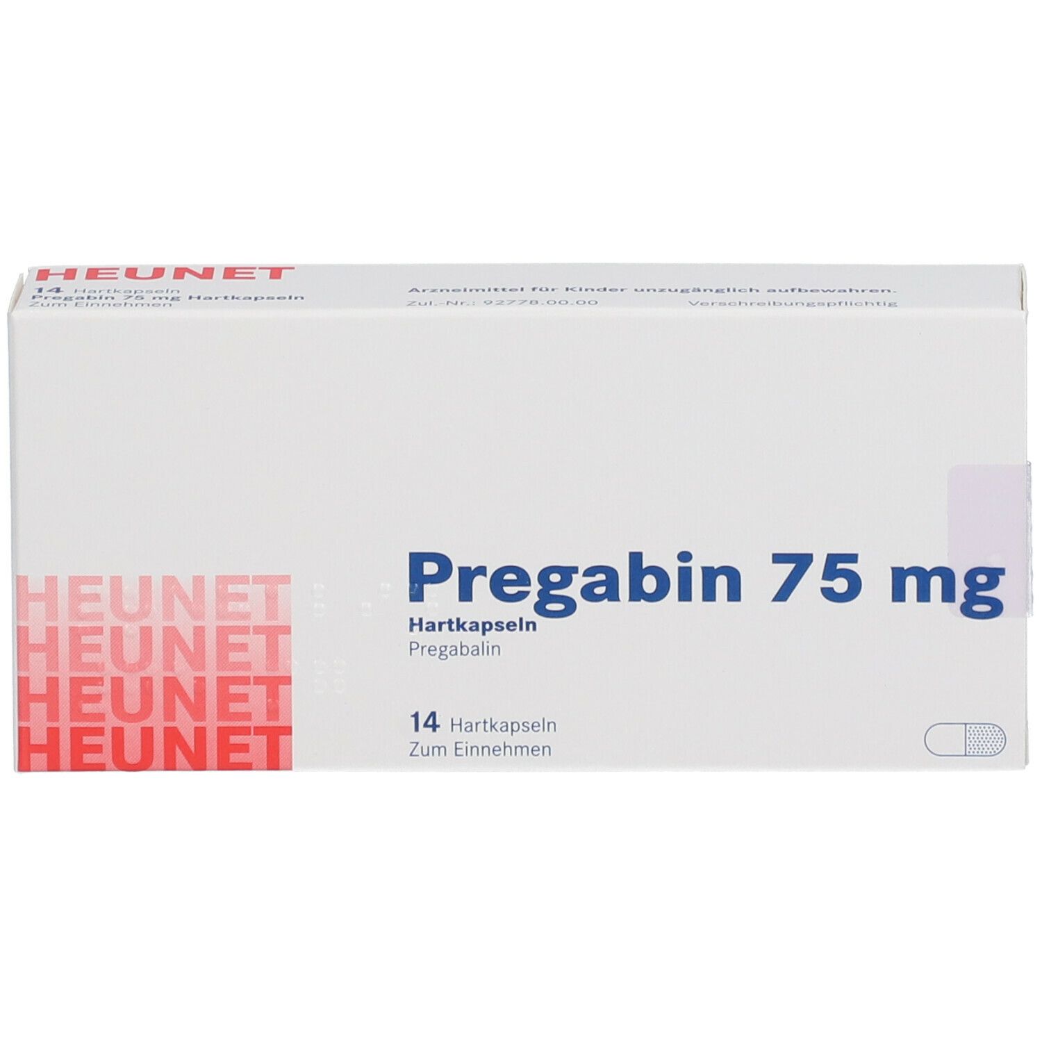 Weiße Faltschachtel mit Aufschrift Pregabin 75 mg, 14 Hartkapseln. Marke Heunet. Blaue und rote Schrift.