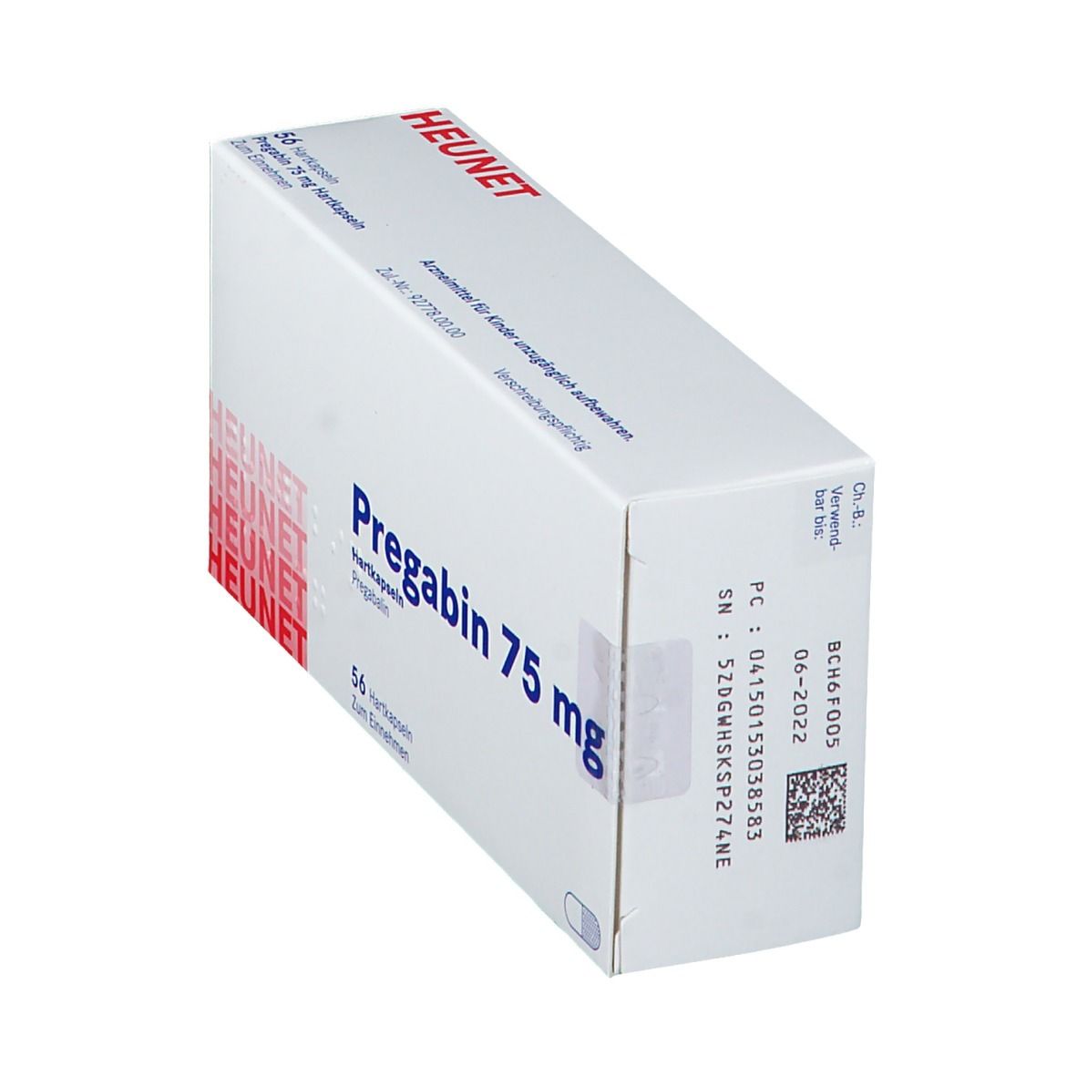 Schachtel "Pregabin 75 mg" in Schrägansicht. "HEUNET"-Logo und Produktinformationen. Enthält 56 Hartkapseln. Text in deutscher Sprache.