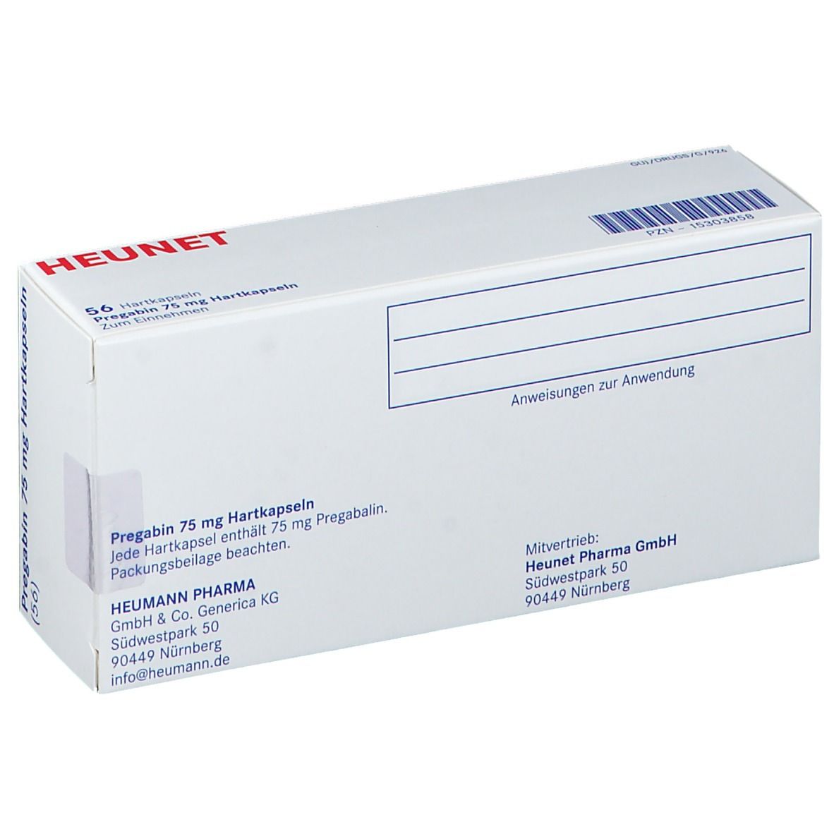 Weiße Schachtel mit "Pregabin 75 mg". "HEUNET"-Logo und Produktinformationen. Text in deutscher Sprache. Enthält 56 Hartkapseln.