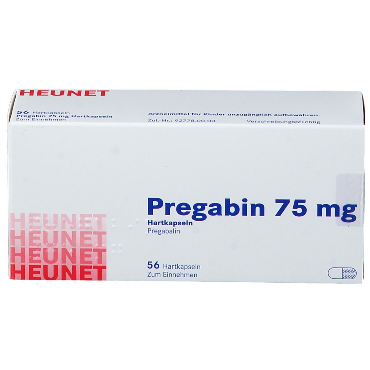 Weiße Schachtel mit "Pregabin 75 mg" und "HEUNET"-Logo. Enthält 56 Hartkapseln. Text in deutscher Sprache.