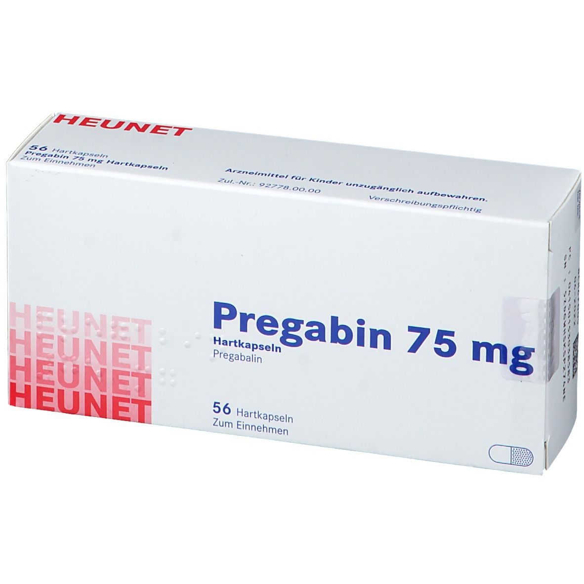 Weiße Schachtel mit "Pregabin 75 mg" und "HEUNET"-Logo. Enthält 56 Hartkapseln. Text in deutscher Sprache.