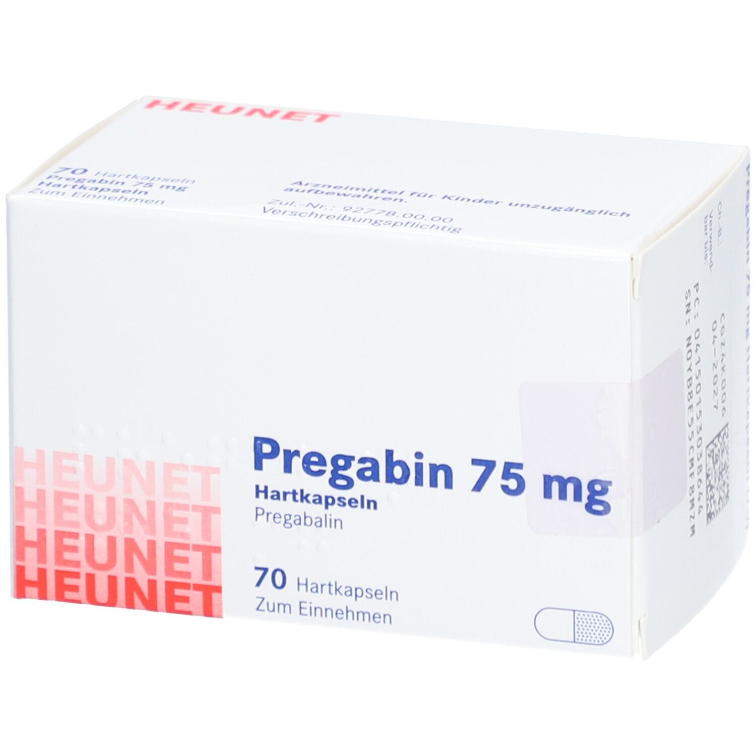 Weiße Faltschachtel mit Aufschrift Pregabin 75 mg, Heunet. Enthält 70 Hartkapseln. Aufdrucke in Deutsch.
