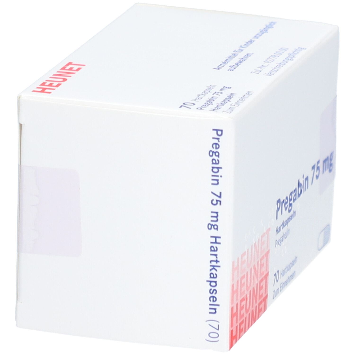 Weiße Faltschachtel mit Aufschrift Pregabin 75 mg, Heunet. Enthält 70 Hartkapseln. Seitenansicht.
