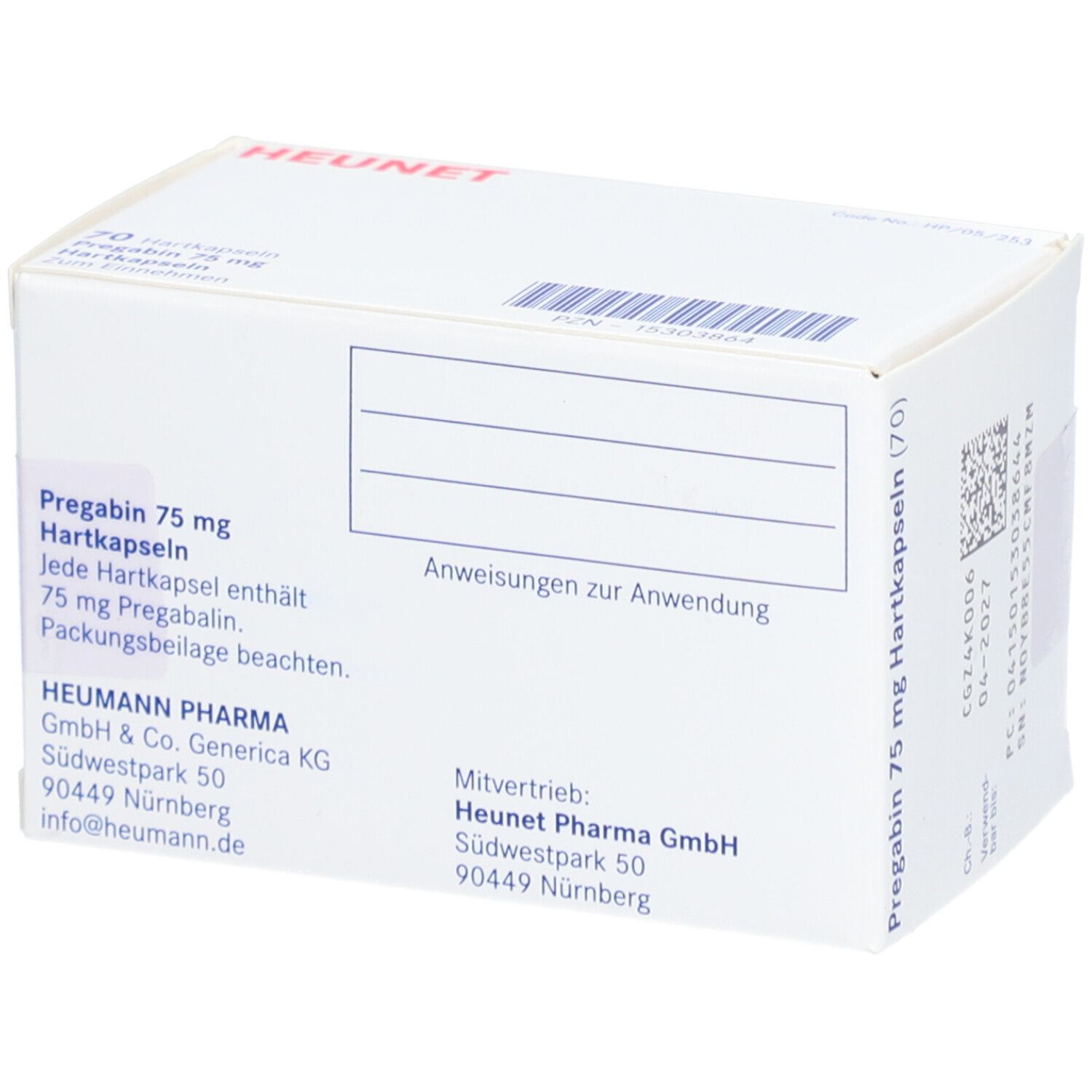 Weiße Faltschachtel mit Aufschrift Pregabin 75 mg, Heunet. Rückseite mit Text und Barcode.