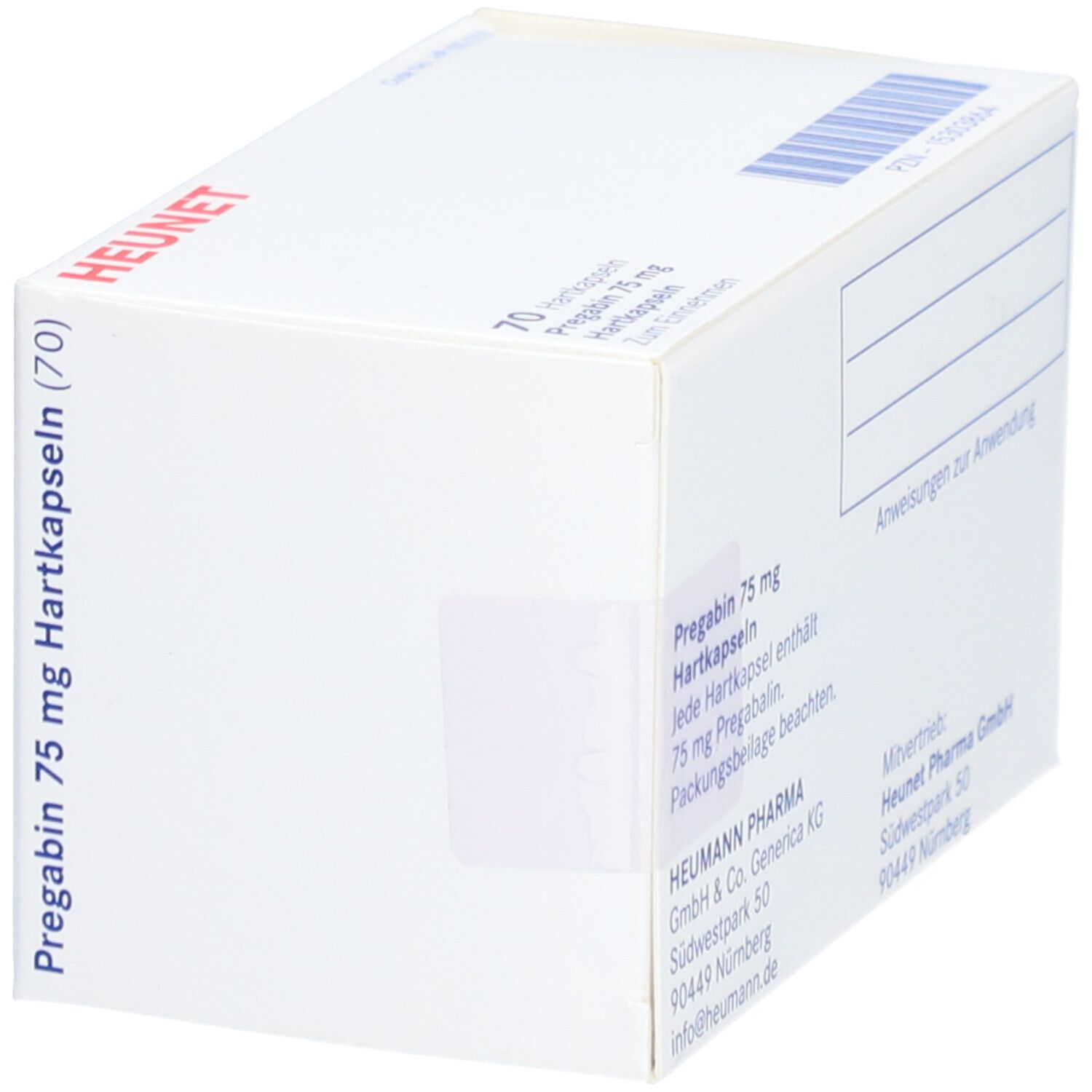 Weiße Faltschachtel mit Aufschrift Pregabin 75 mg, Heunet. Rückseite mit Text.