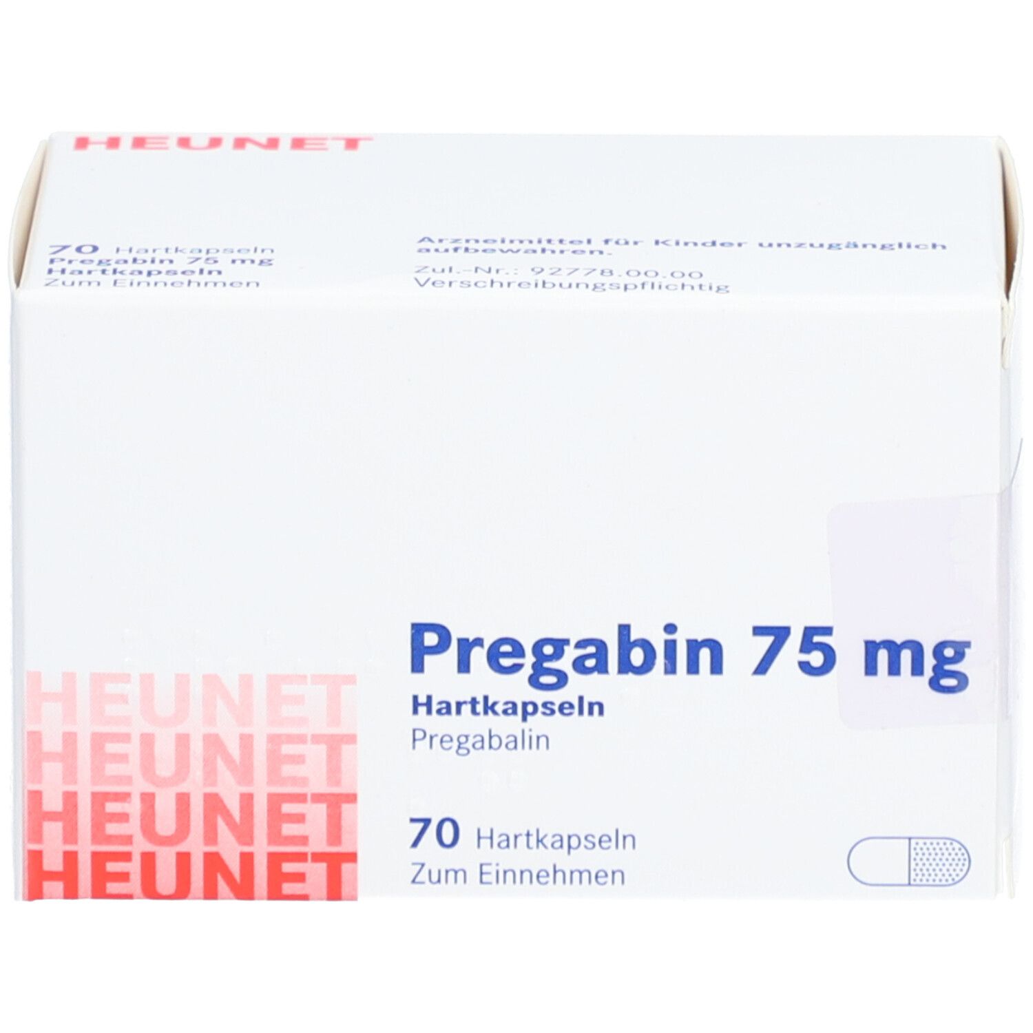 Weiße Faltschachtel mit Aufschrift Pregabin 75 mg, Heunet. Enthält 70 Hartkapseln. Aufdrucke in Deutsch.
