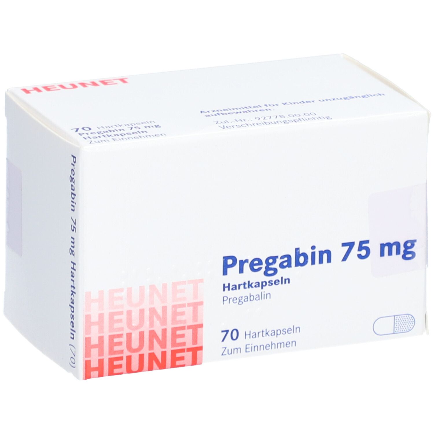 Weiße Faltschachtel mit Aufschrift Pregabin 75 mg, Heunet. Enthält 70 Hartkapseln. Aufdrucke in Deutsch.
