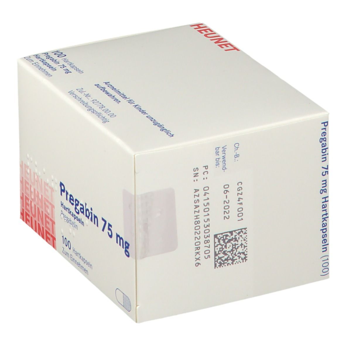 Weiße Faltschachtel mit Pregabin 75 mg Aufdruck. Enthält 100 Hartkapseln. Mit Barcode und Chargennummer. Marke Heunet.