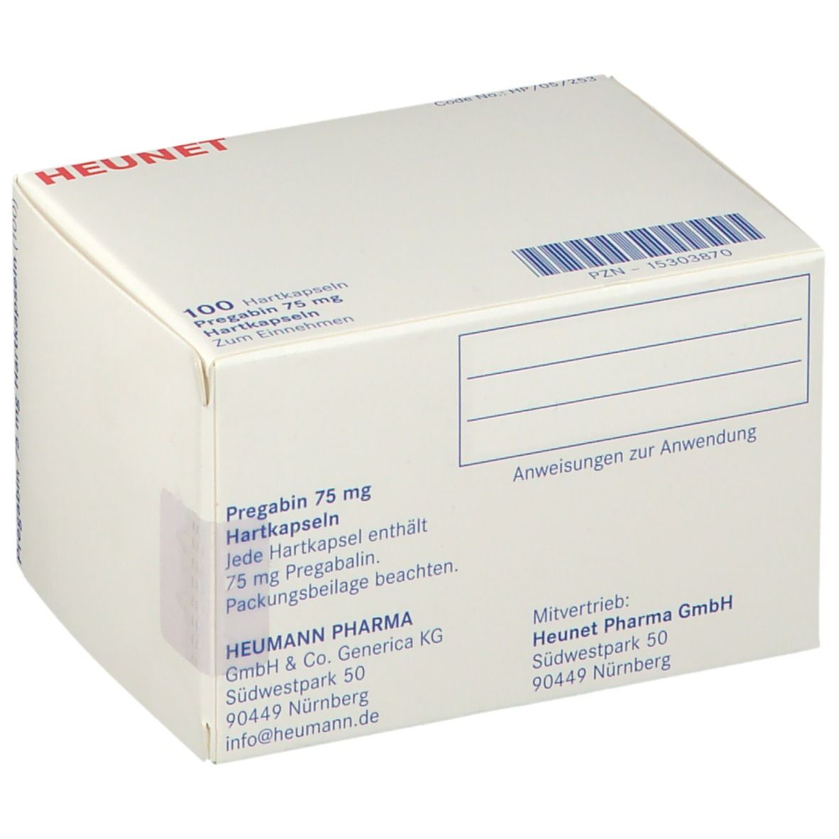 Weiße Faltschachtel mit Pregabin 75 mg Aufdruck. Enthält 100 Hartkapseln. Mit Firmenadresse. Marke Heunet.