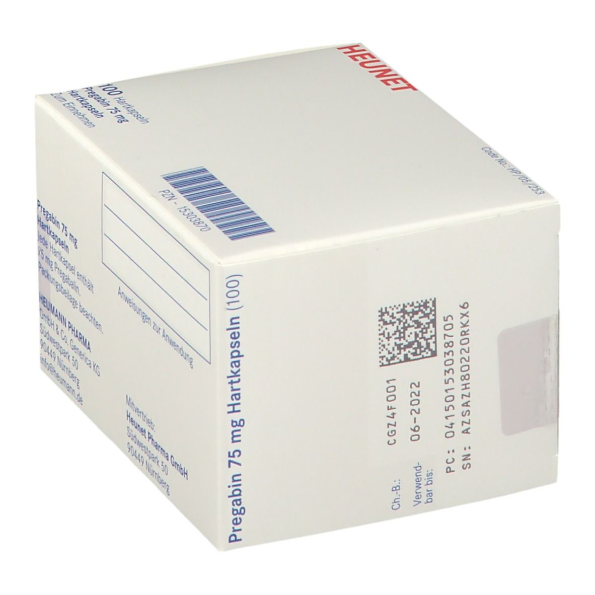 Weiße Faltschachtel mit Pregabin 75 mg Aufdruck. Enthält 100 Hartkapseln. Mit Barcode und Chargennummer. Marke Heunet.