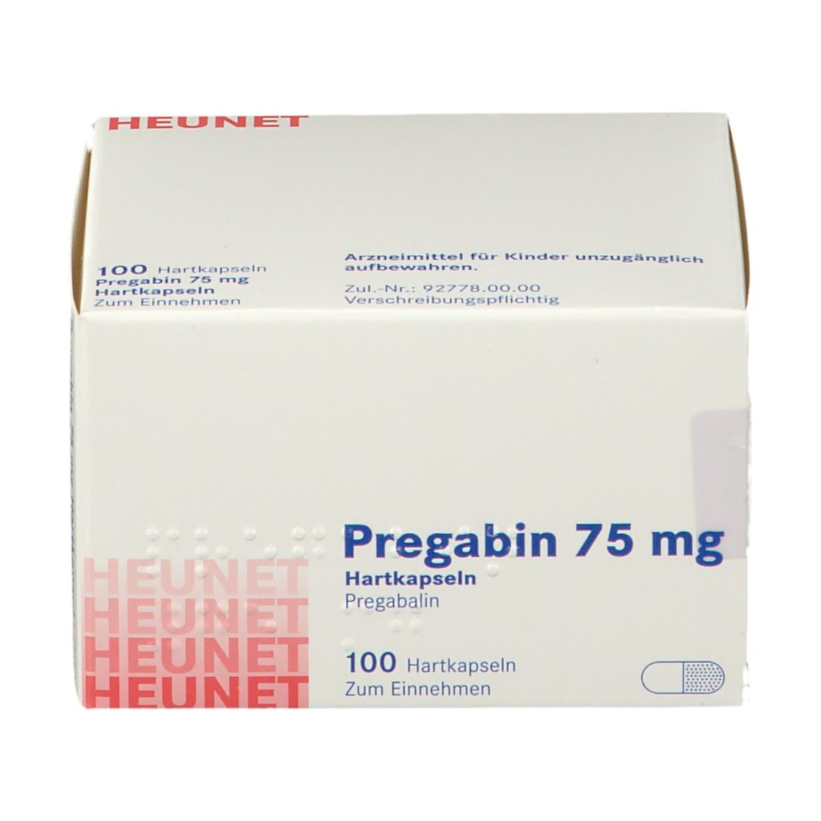 Weiße Faltschachtel mit Pregabin 75 mg Aufdruck. Enthält 100 Hartkapseln. Marke Heunet.