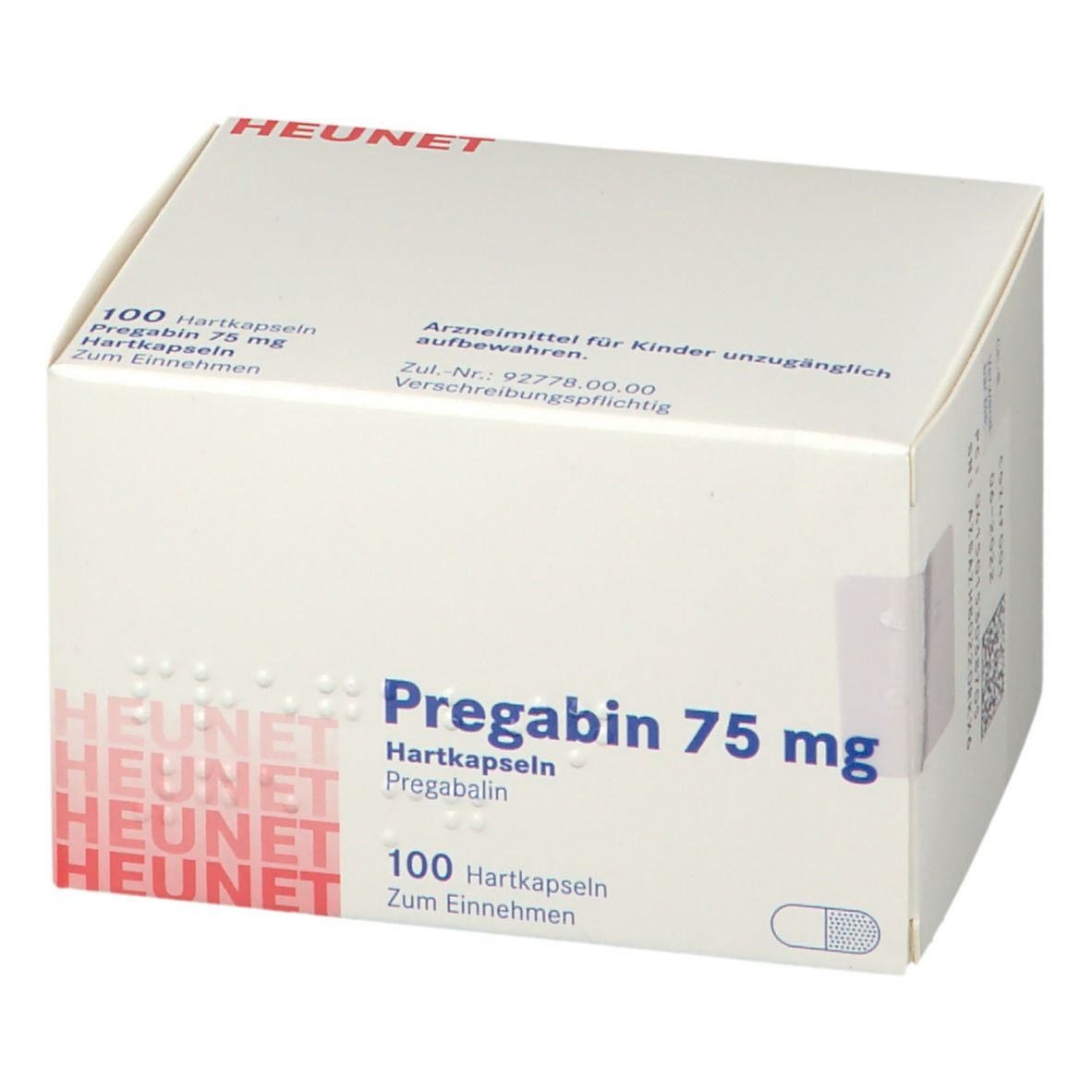 Weiße Faltschachtel mit Pregabin 75 mg Aufdruck. Enthält 100 Hartkapseln. Marke Heunet.