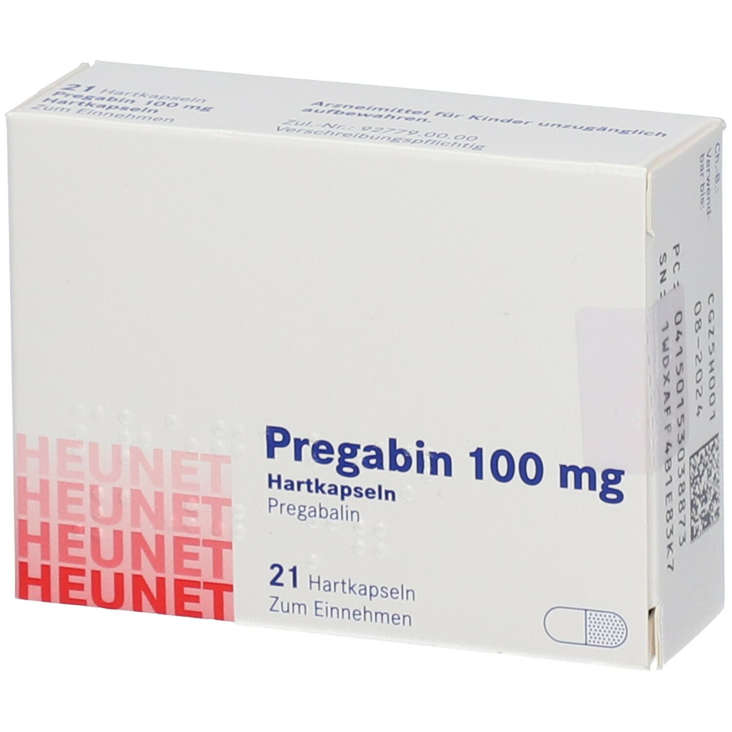 Weiße Faltschachtel mit Aufschrift Pregabin 100 mg Hartkapseln. Enthält 21 Kapseln. Marke Heunet.