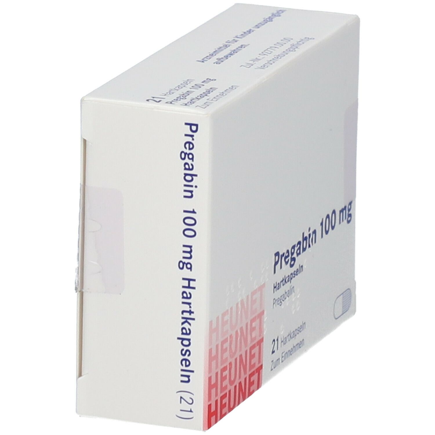 Weiße Faltschachtel mit Aufschrift Pregabin 100 mg Hartkapseln. Enthält 21 Kapseln. Marke Heunet.