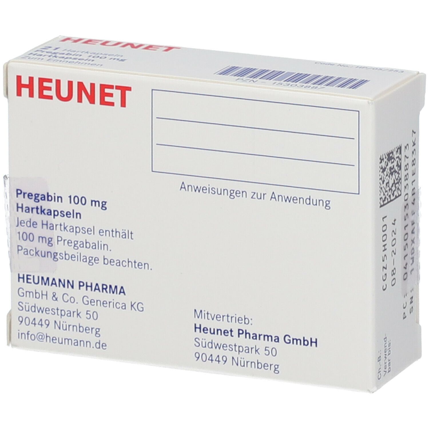 Weiße Faltschachtel mit Aufschrift Pregabin 100 mg Hartkapseln. Enthält 21 Kapseln. Marke Heunet.