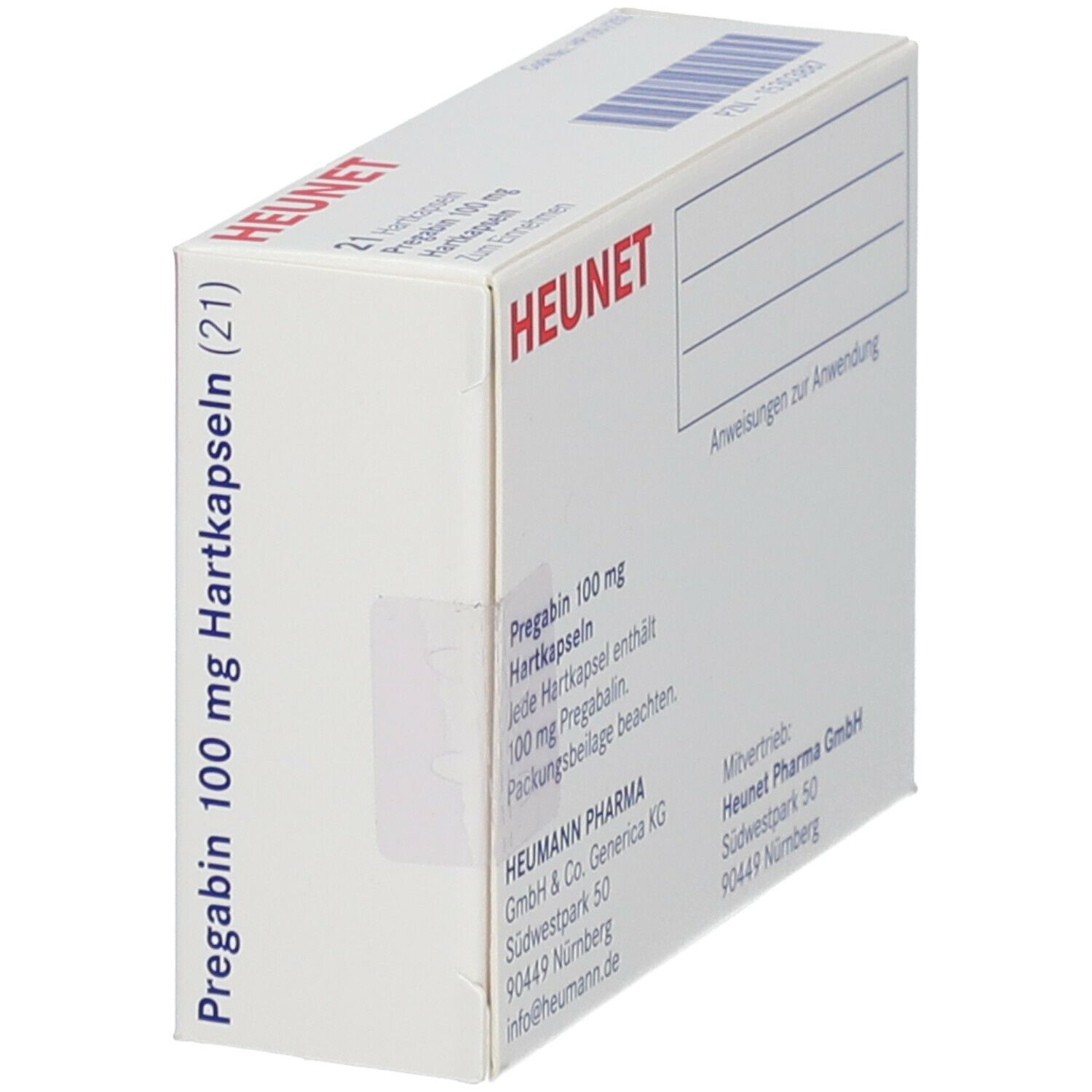 Weiße Faltschachtel mit Aufschrift Pregabin 100 mg Hartkapseln. Enthält 21 Kapseln. Marke Heunet.