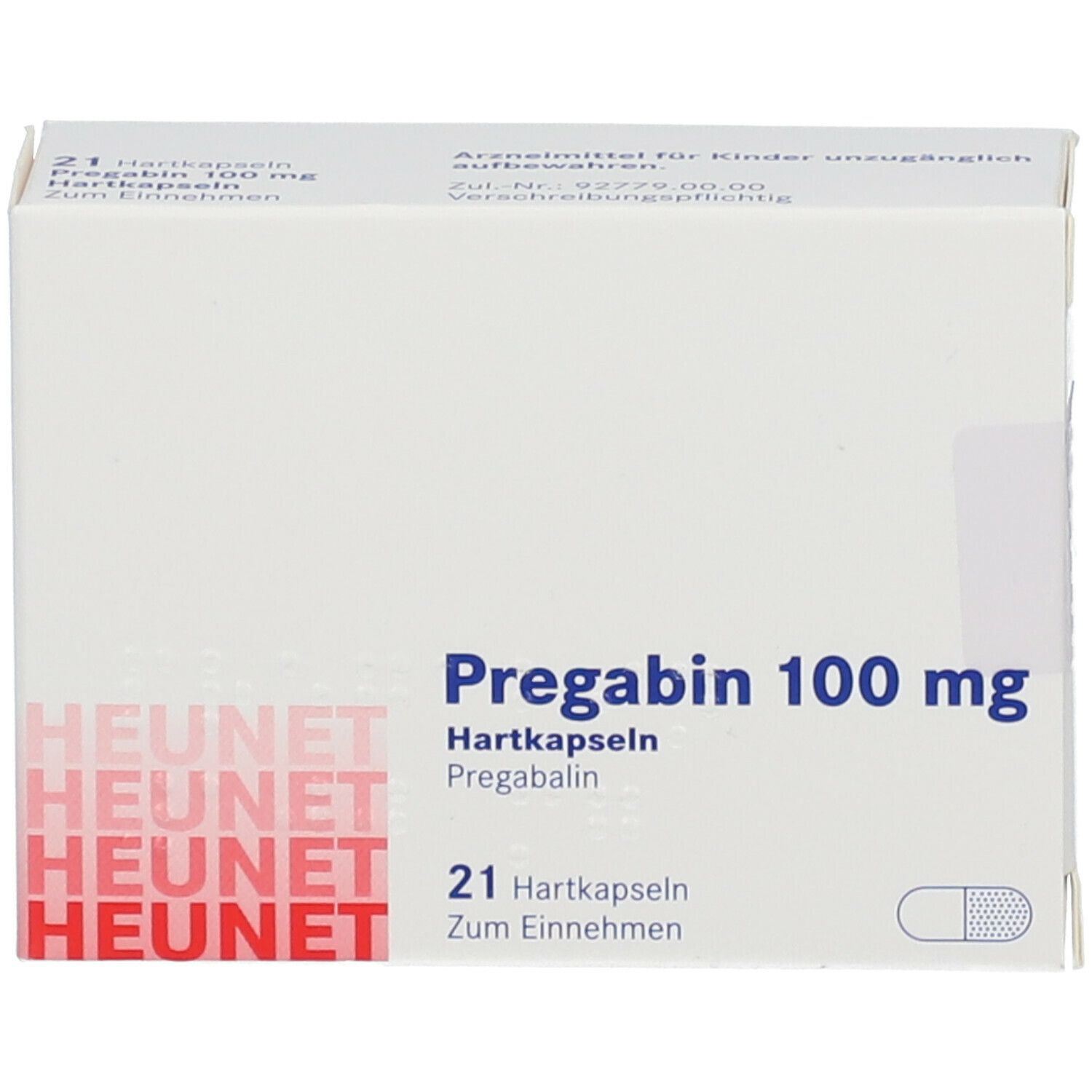 Weiße Faltschachtel mit Aufschrift Pregabin 100 mg Hartkapseln. Enthält 21 Kapseln. Marke Heunet.