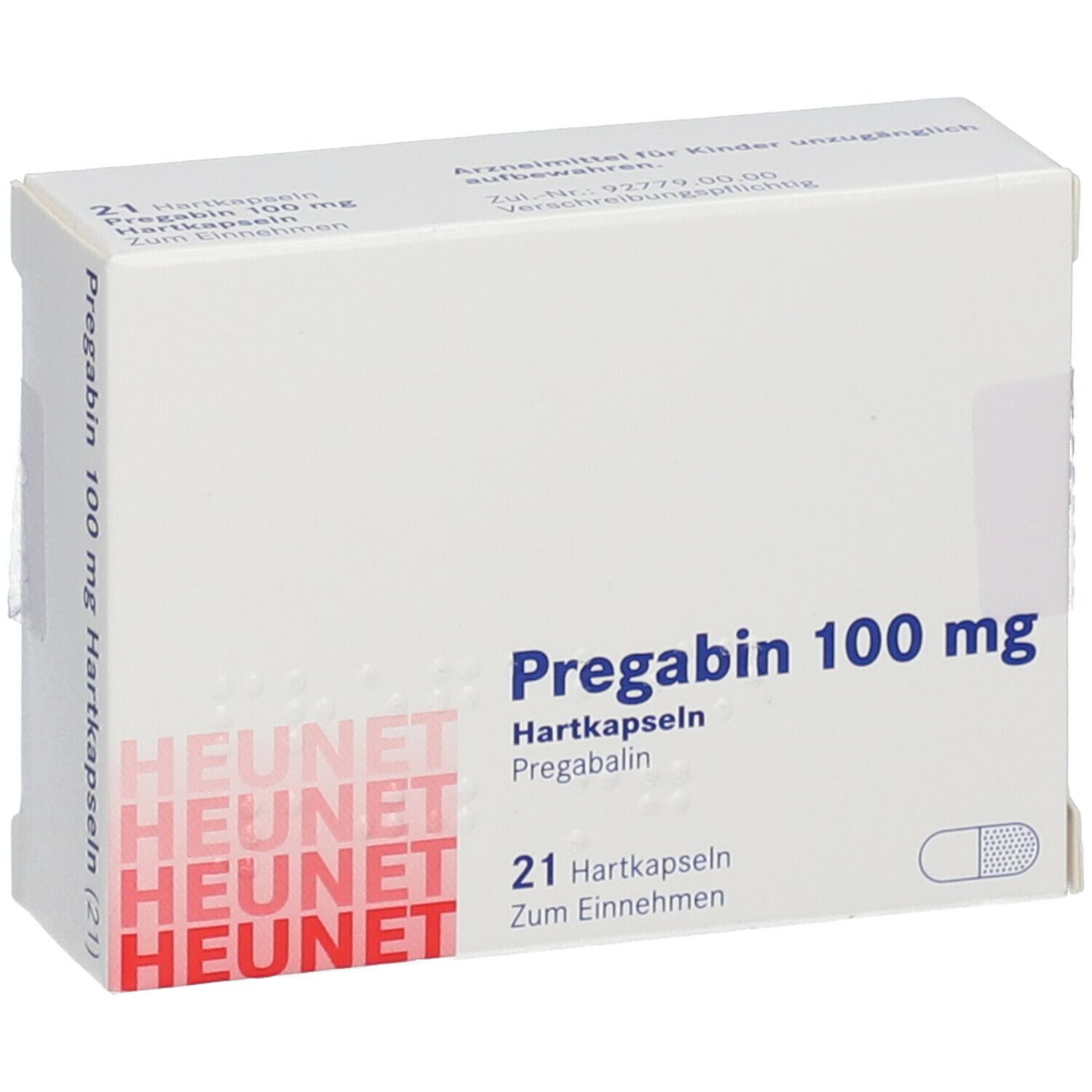 Weiße Faltschachtel mit Aufschrift Pregabin 100 mg Hartkapseln. Enthält 21 Kapseln. Marke Heunet.