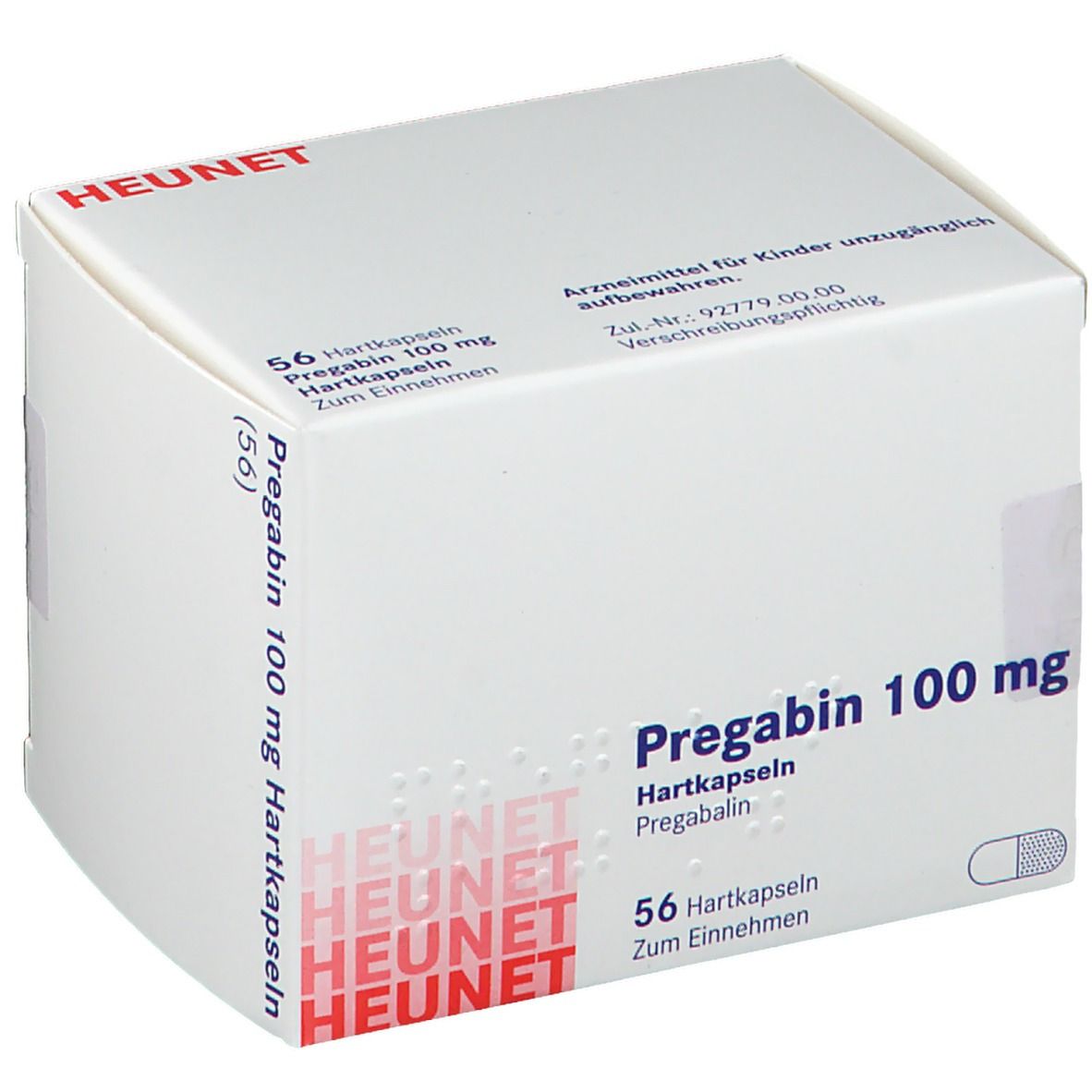 Weiße Faltschachtel mit Aufschrift PREGABIN 100 mg Hartkapseln. HEUNET-Logo. 56 Hartkapseln. Text in Deutsch.
