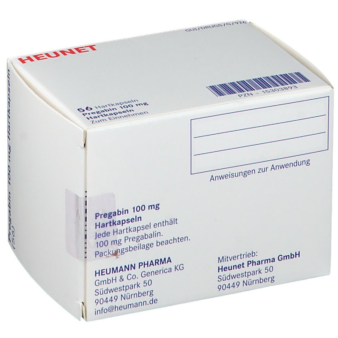 Weiße Faltschachtel mit PREGABIN 100 mg Hartkapseln. HEUMANN PHARMA GmbH. 56 Hartkapseln. Text in Deutsch.