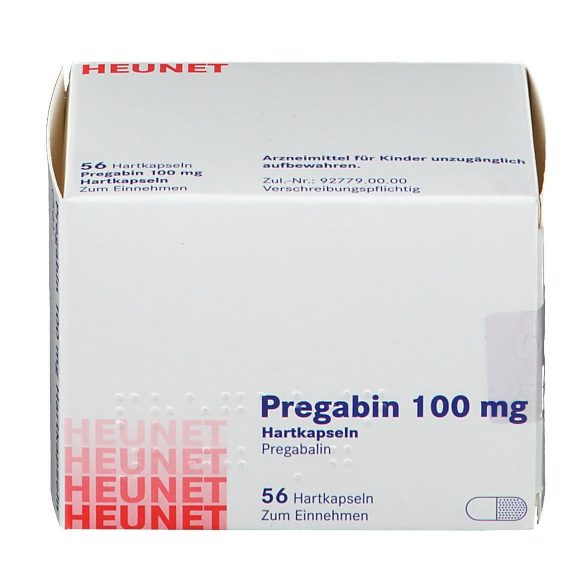 Weiße Faltschachtel mit PREGABIN 100 mg Hartkapseln. HEUNET-Logo. 56 Hartkapseln. Text in Deutsch.