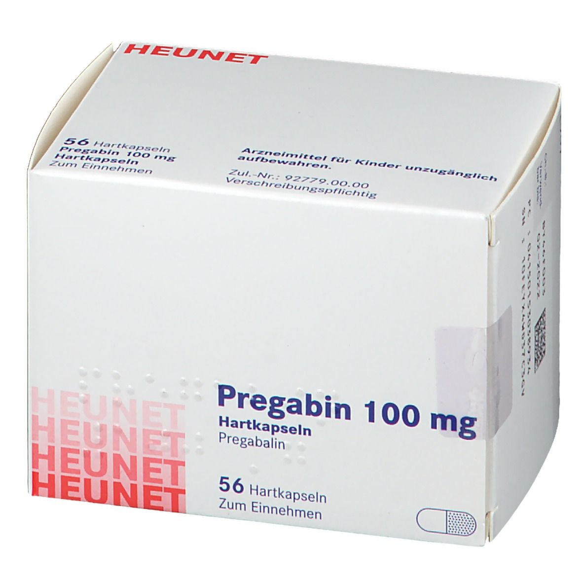 Weiße Faltschachtel mit PREGABIN 100 mg Hartkapseln. HEUNET-Logo. 56 Hartkapseln. Text in Deutsch.