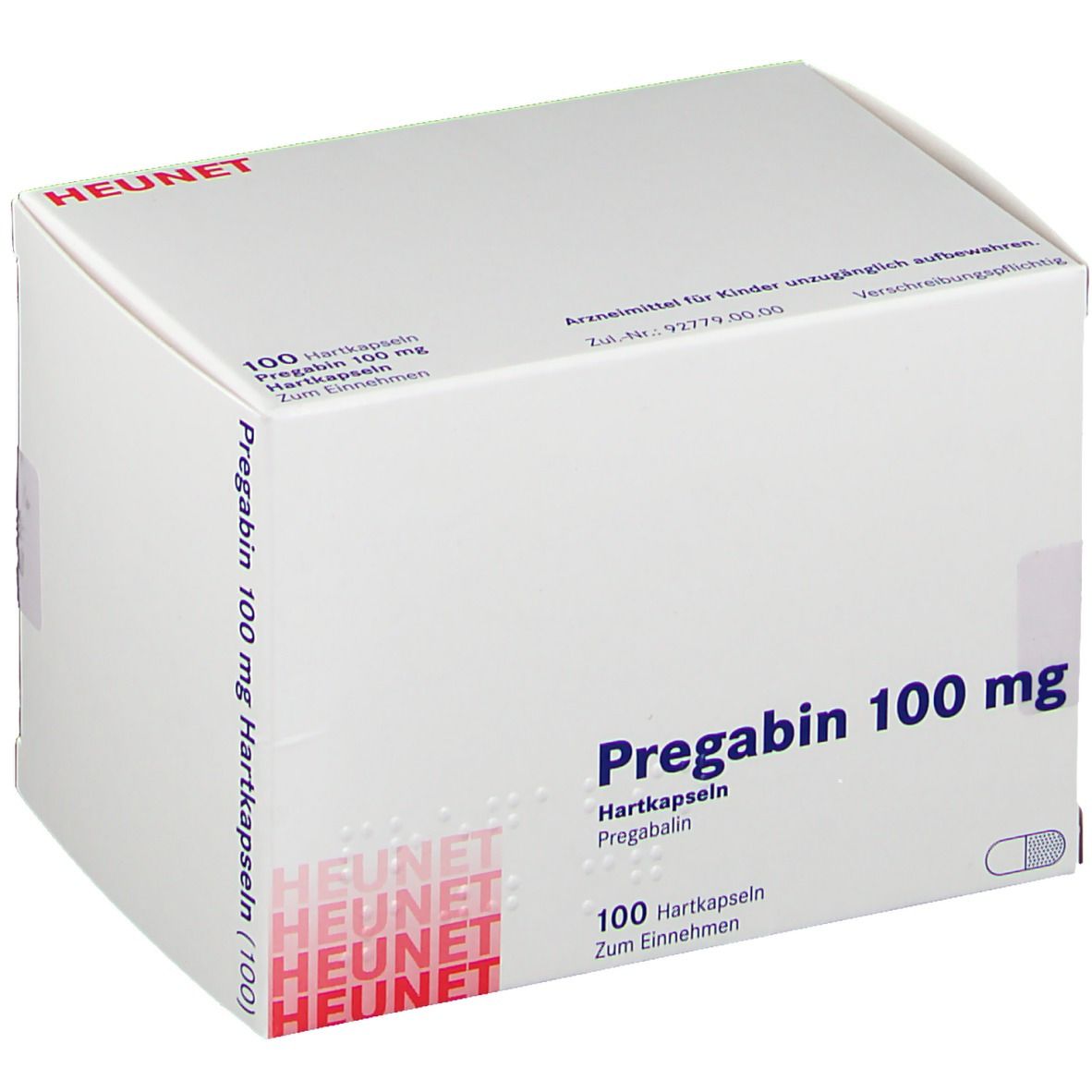 Weiße Faltschachtel mit Aufschrift Pregabin 100 mg Hartkapseln. Marke Heunet. 100 Kapseln. Text in Deutsch.
