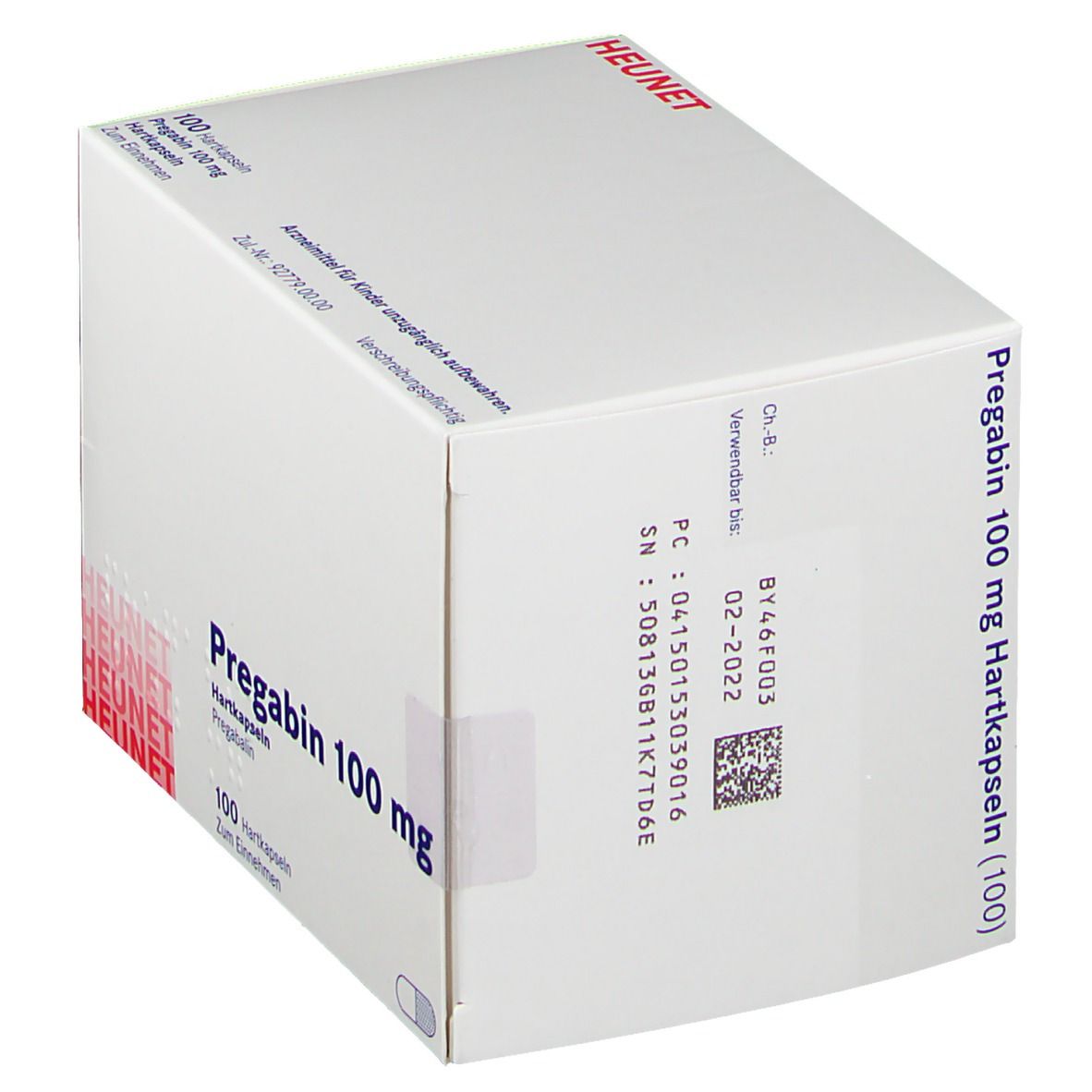 Weiße Faltschachtel mit Aufschrift Pregabin 100 mg Hartkapseln. Marke Heunet. 100 Kapseln. Text in Deutsch. Mit Chargennummer.