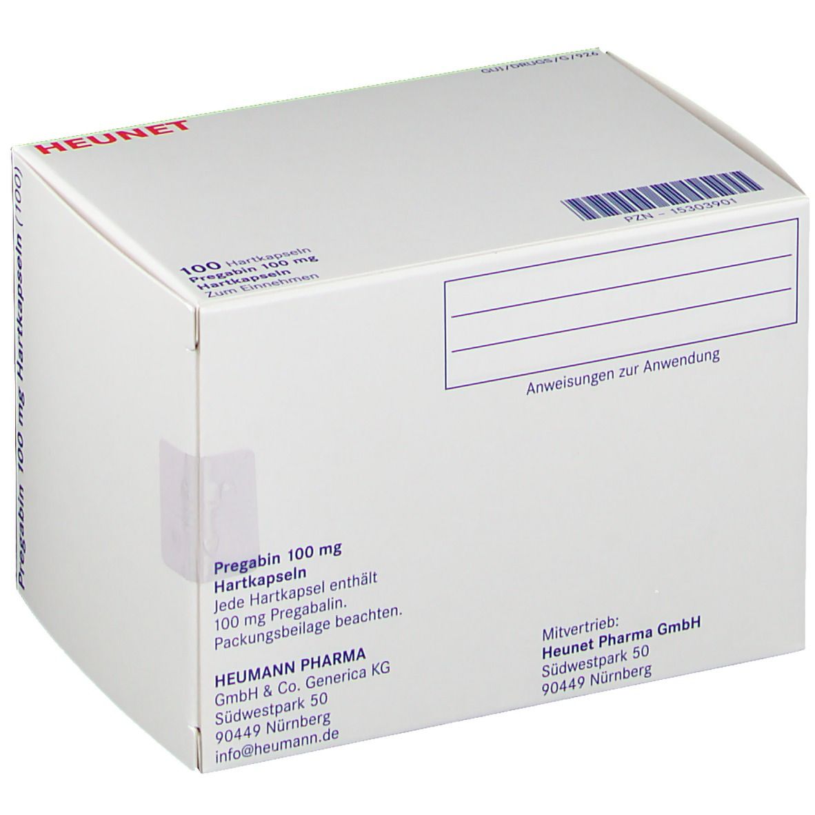 Weiße Faltschachtel mit Aufschrift Pregabin 100 mg Hartkapseln. Marke Heunet. 100 Kapseln. Text in Deutsch. Mit Barcode.