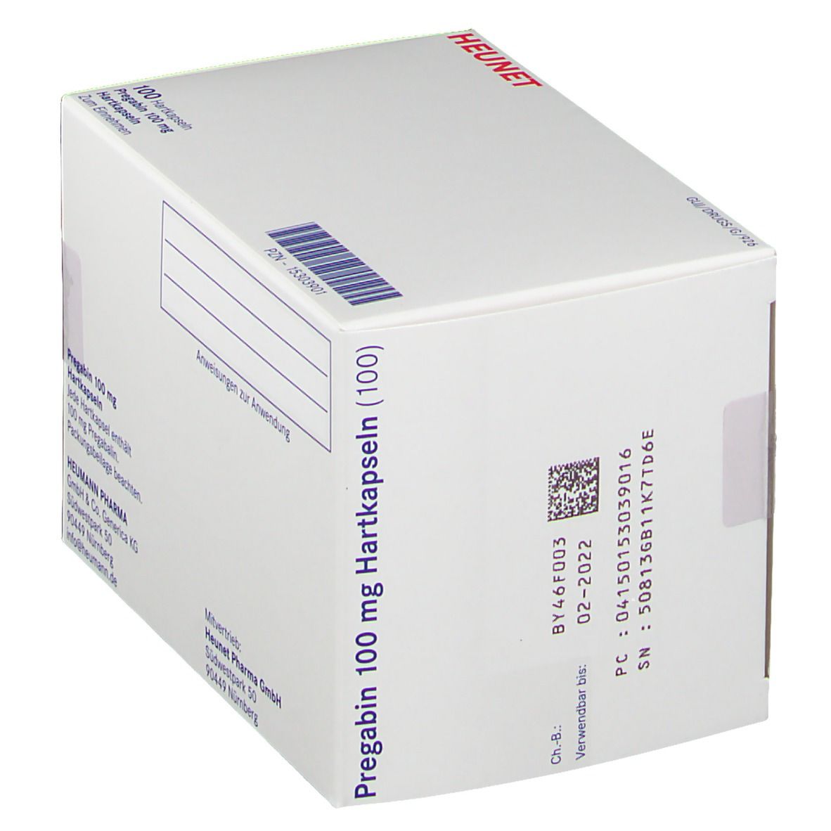 Weiße Faltschachtel mit Aufschrift Pregabin 100 mg Hartkapseln. Marke Heunet. 100 Kapseln. Text in Deutsch. Mit Barcode und Chargennummer.