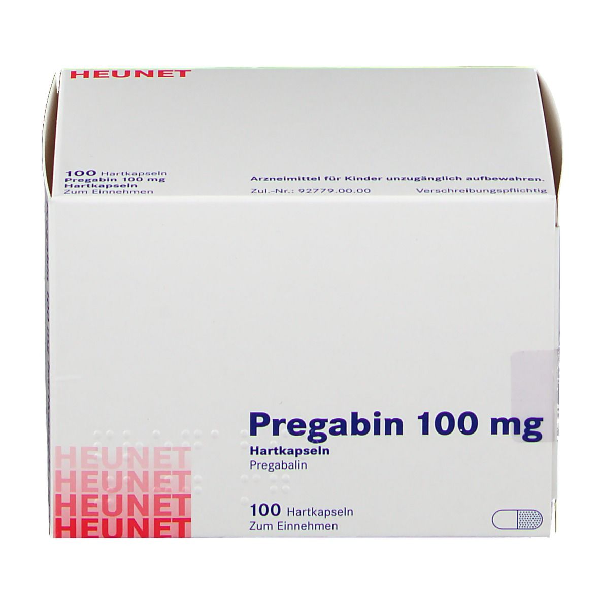 Weiße Faltschachtel mit Aufschrift Pregabin 100 mg Hartkapseln. Marke Heunet. 100 Kapseln. Text in Deutsch.