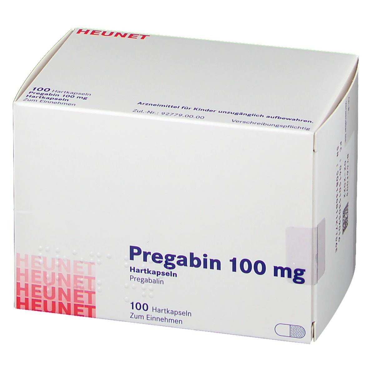 Weiße Faltschachtel mit Aufschrift Pregabin 100 mg Hartkapseln. Marke Heunet. 100 Kapseln. Text in Deutsch.