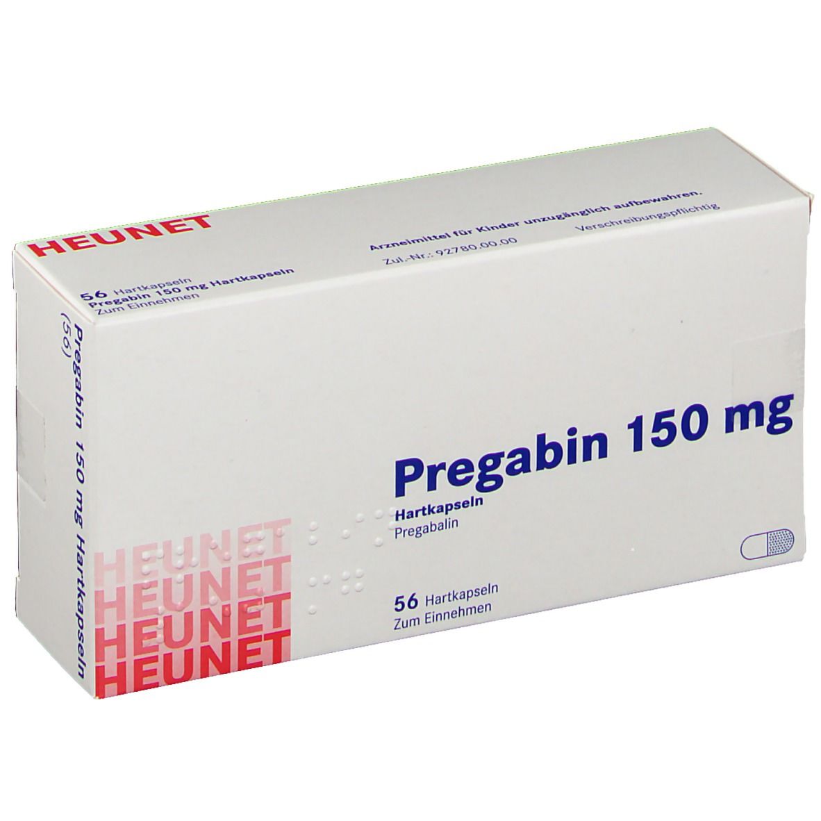 Weißer Karton mit blauer Aufschrift Pregabin 150 mg. Enthält 56 Hartkapseln. Marke Heunet.