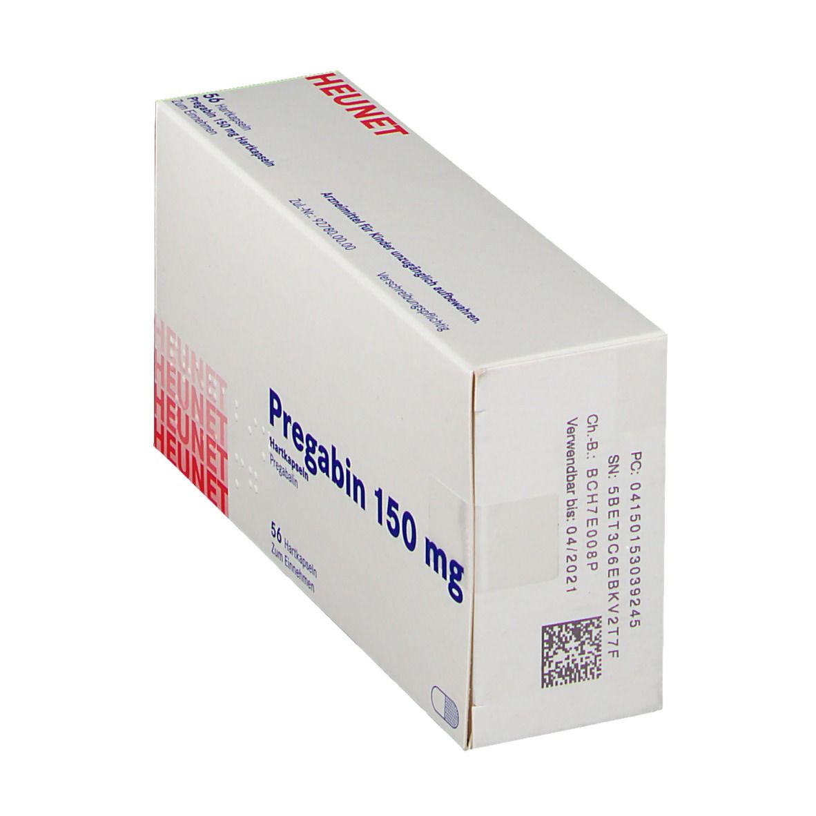 Schräg stehender weißer Karton mit blauer Aufschrift Pregabin 150 mg. Marke Heunet. Enthält 56 Hartkapseln.