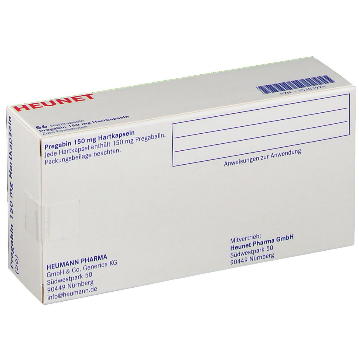 Weißer Karton mit blauer Aufschrift. Enthält 56 Hartkapseln Pregabin 150 mg. Marke Heunet. Text: Anweisungen zur Anwendung.