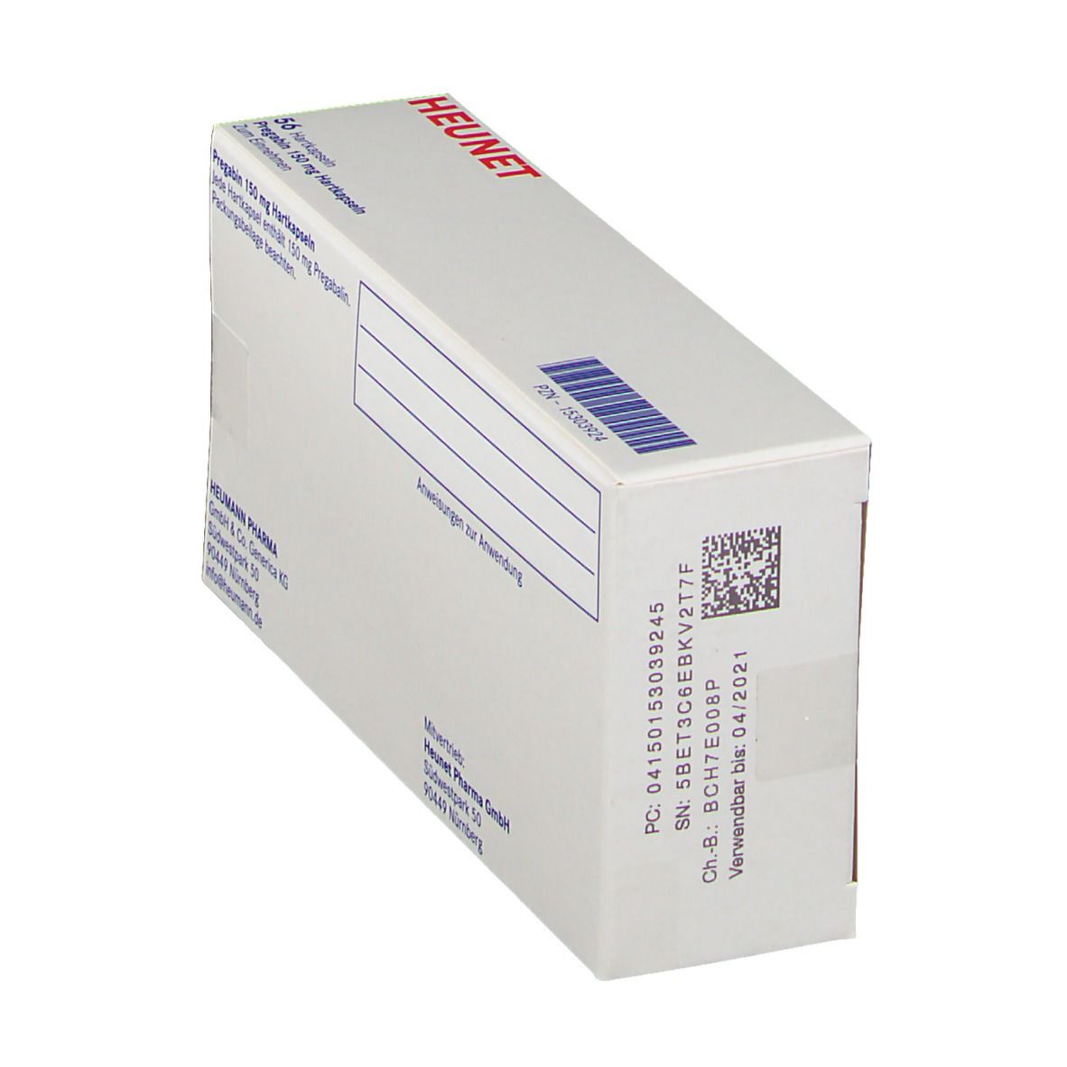 Schräg stehender weißer Karton mit blauer Aufschrift. Enthält 56 Hartkapseln Pregabin 150 mg. Marke Heunet.
